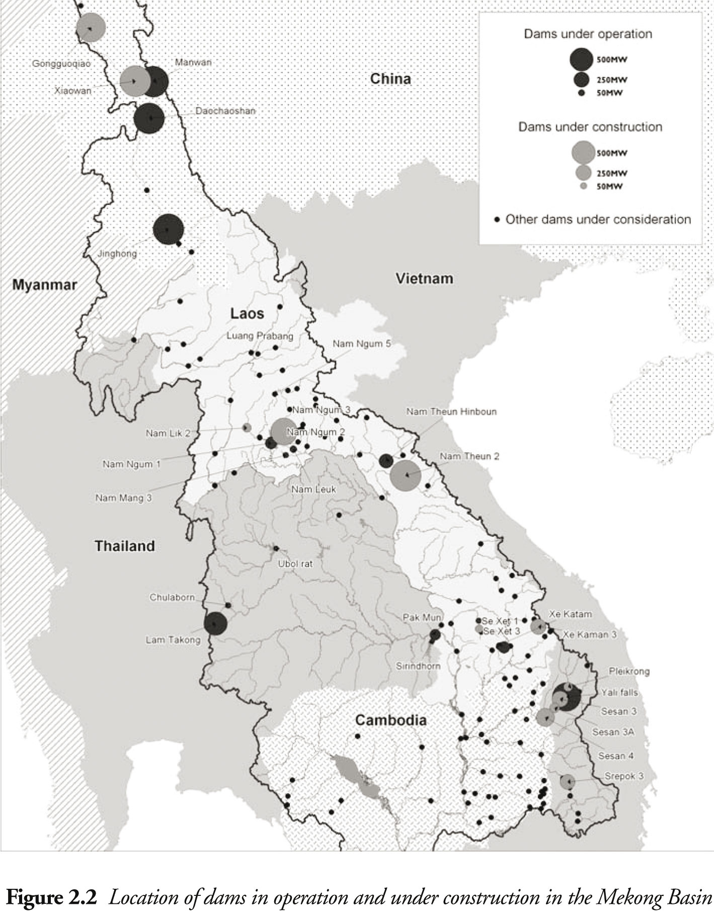 Situation des barrages opérationnels ou en cours de construction dans la bassin du Mékong