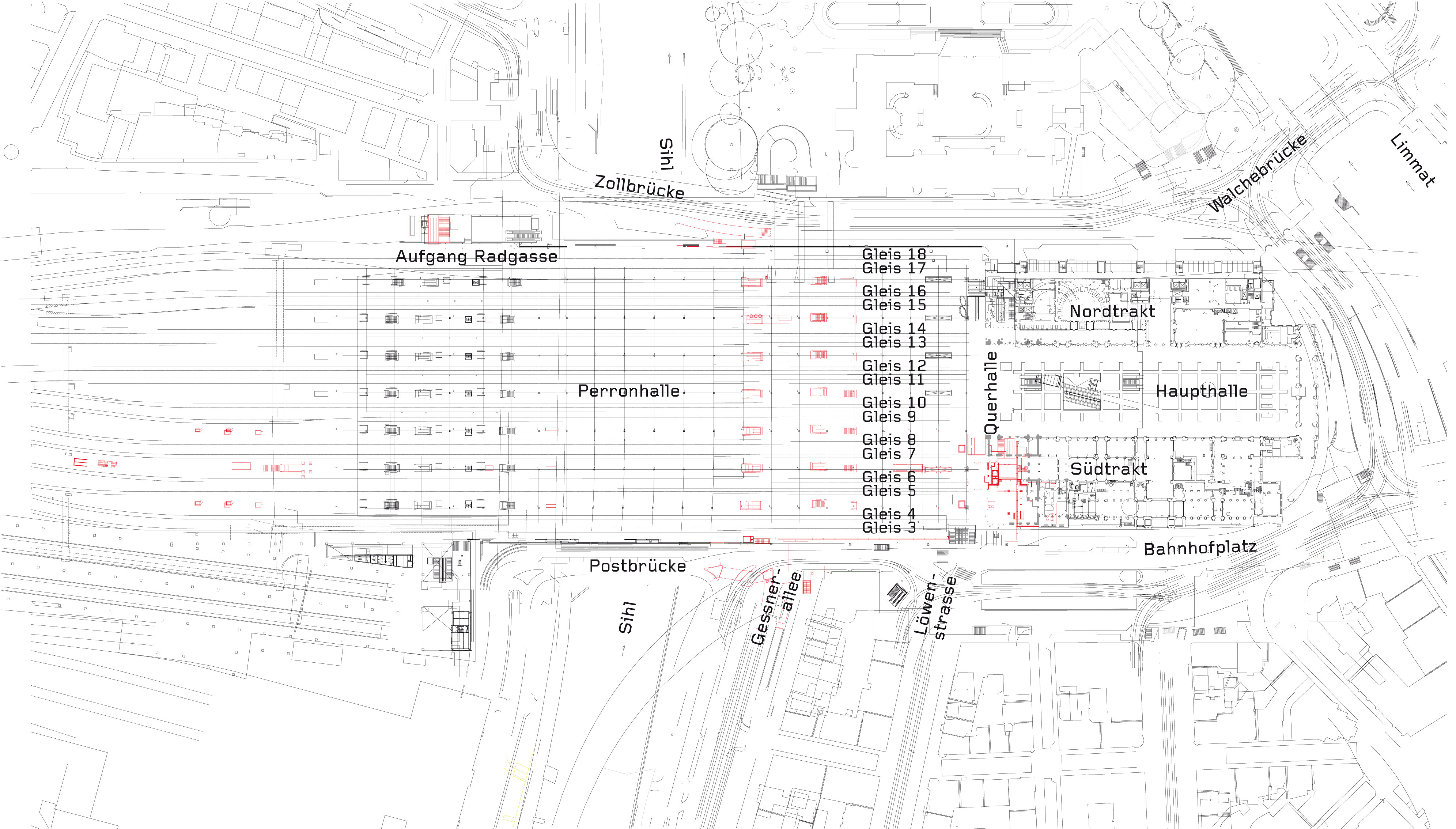 La gare Centrale de Zurich, nouveaux éléments en rouge