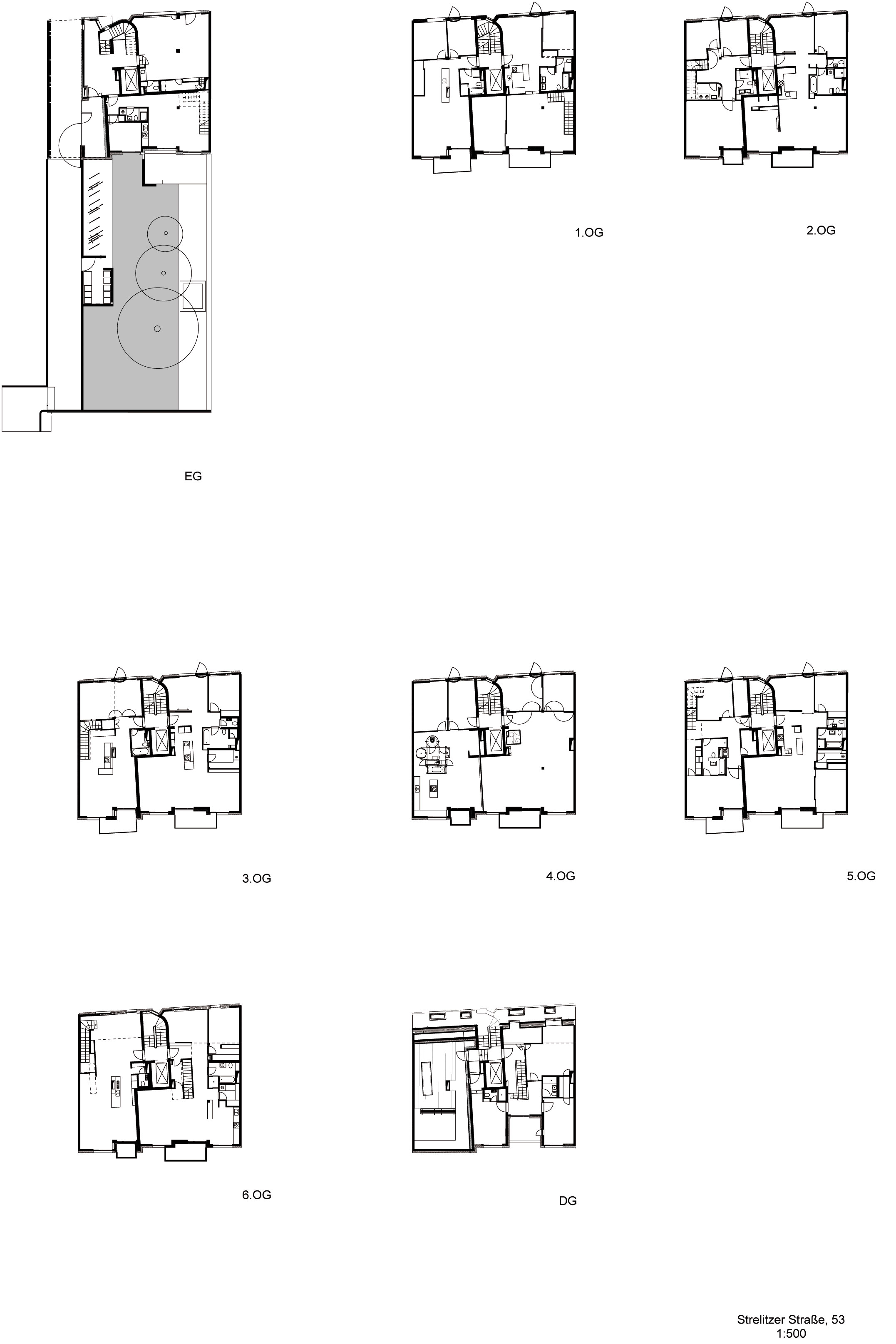 Projet de construction collective à la Strelitzer Strasse: la cage d’escaliers articule le bâtiment en une section étroite et une autre large. Cette répartition aboutit à une palette de choix quant à la taille des logements. Sur sept étages, on a créé quatre duplex (160, 180 et 190 m2), cinq appartements sur un étage (80, 120 et 200 m2), ainsi qu’une petite unité artisanale. (Graphisme: © FAT KOEHL ARCHITEKTEN)