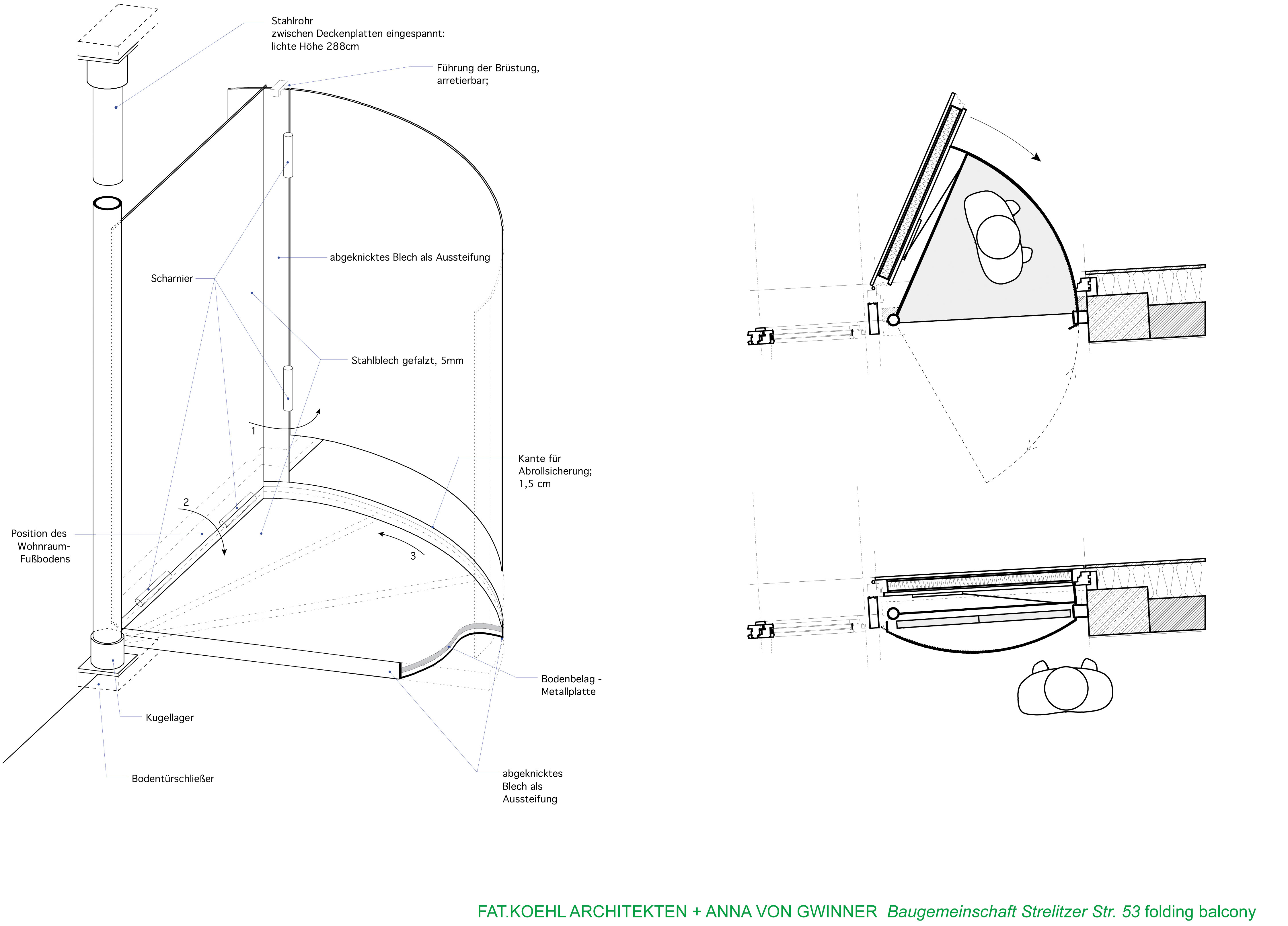 Projet de construction collective à la Strelitzer Strasse: N’ayant pas le droit de construire des balcons pour cet immeuble réalisé en 2009, Florian Köhl a eu l’idée d’un balcon repliable. (Graphisme: © FAT KOEHL ARCHITEKTEN)