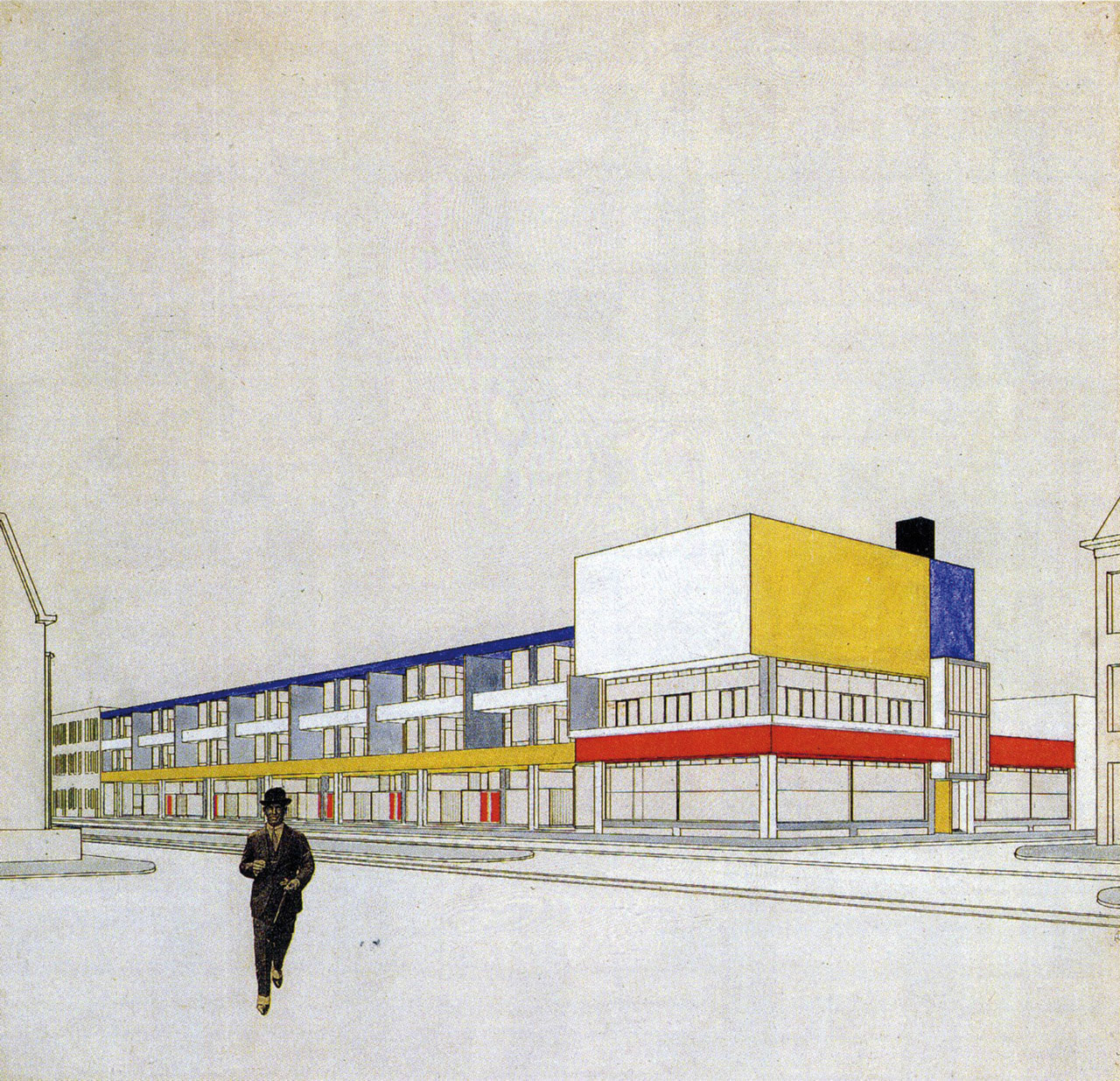 Theo van Doesburg and Cornelis van Eesteren, Perspective with final colour design, Shopping arcade with bar-restaurant, Laan van Meerdervoort, The Hague 1924 (Netherlands Architecture Institute)