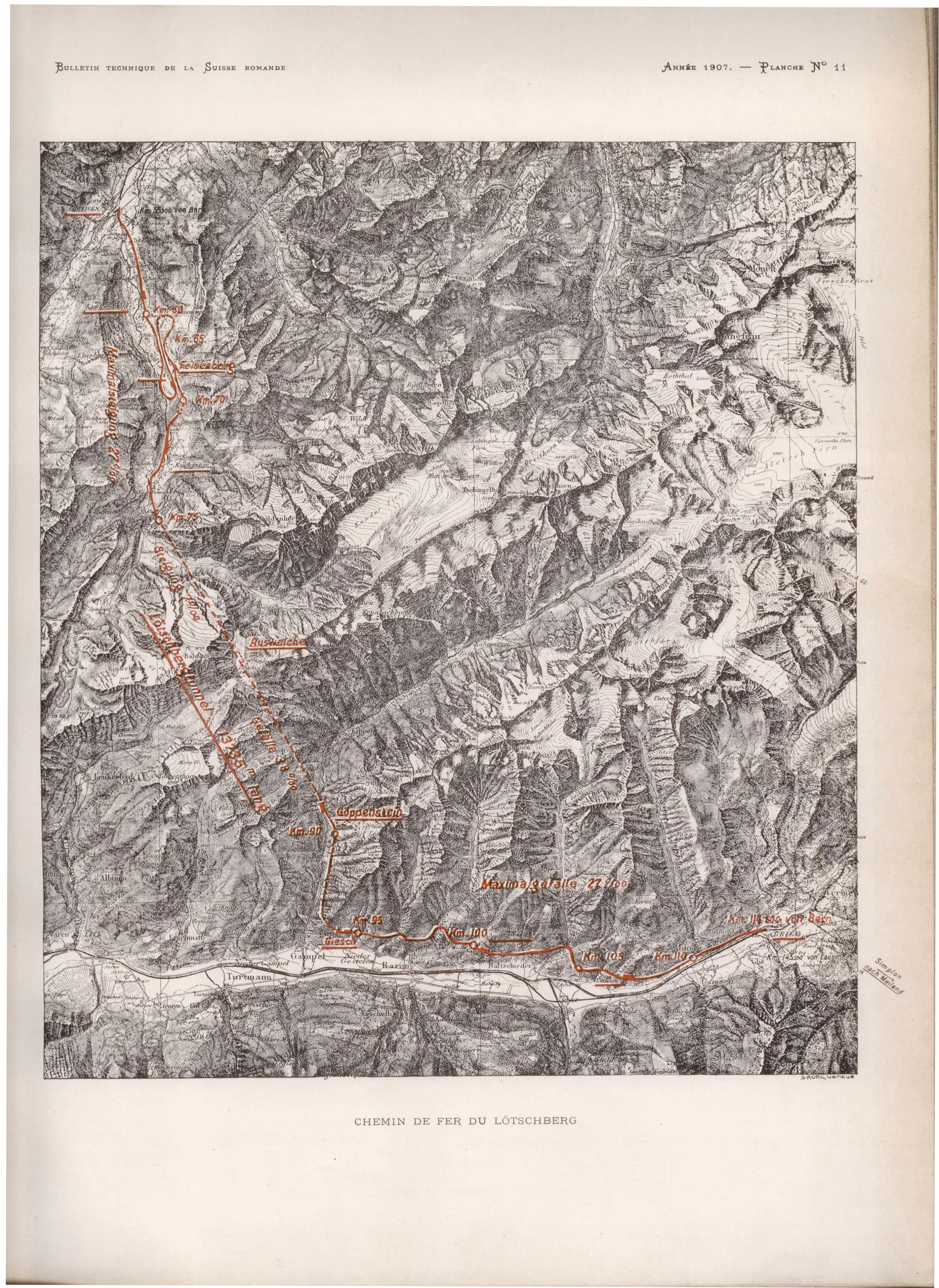 Tracé du tunnel de faîte du Lötschberg (Bulletin technique de la Suisse Romande, no 22, 1907)