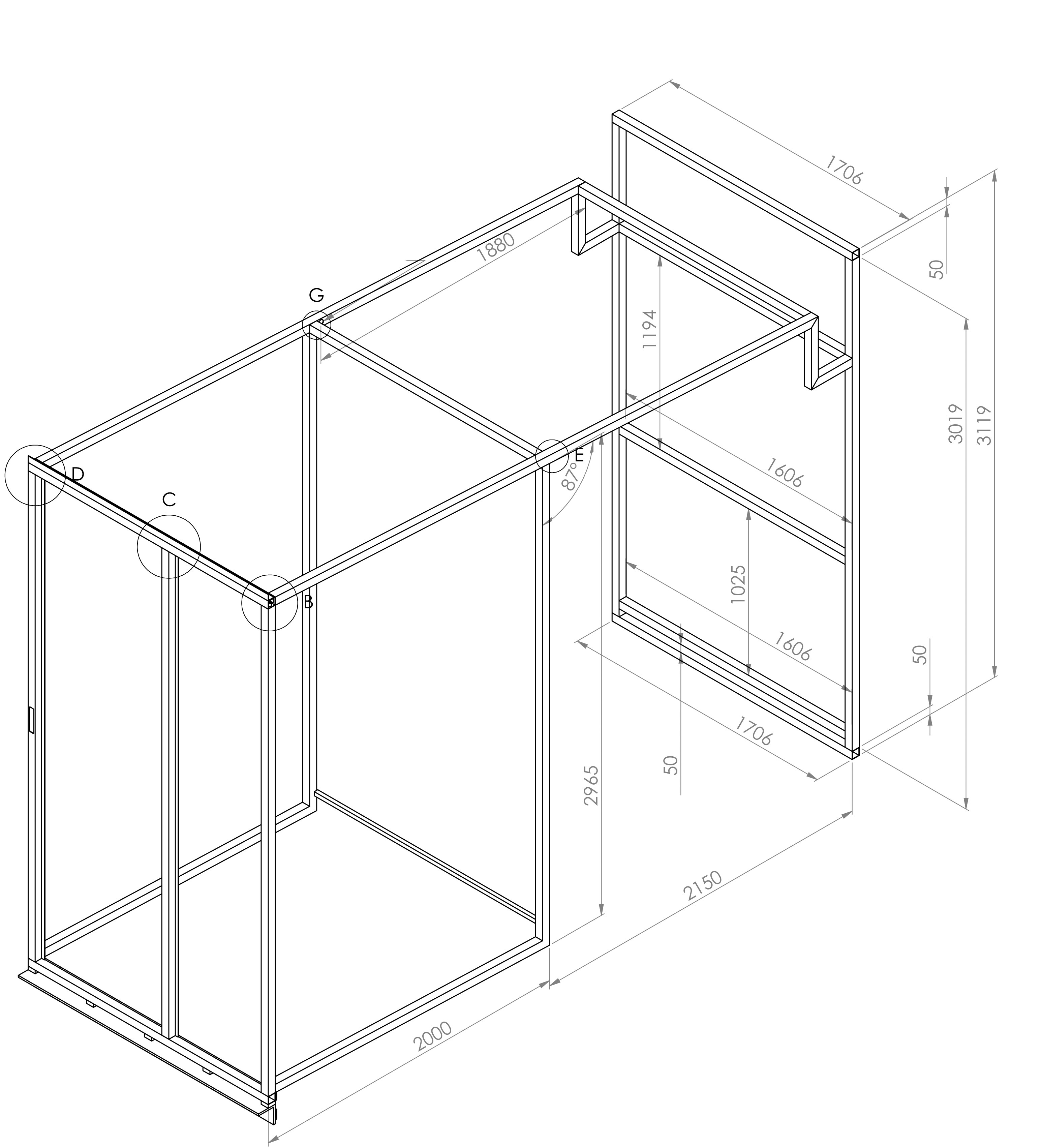 Axonométrie d’un module de cabine standard