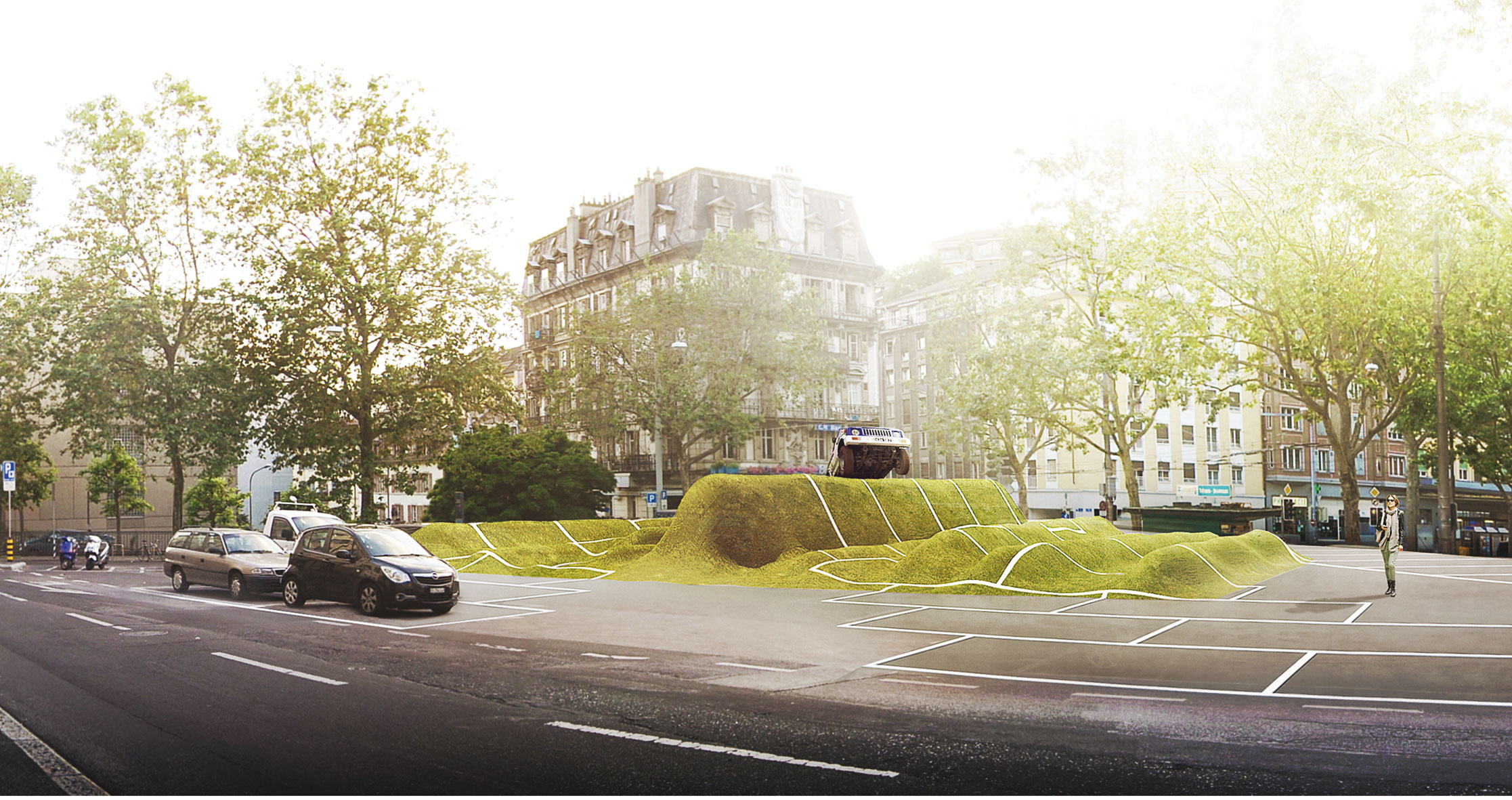 (Mention sans réalisation) Parkingson site 22: place du Tunnel / Collectif Quatre Quatre, Stendardo Menningen Architectes, D. Standardo, A. Menningen, X. Chenevas-Paule (ab jardin sàrl), Régis Golay (FEDERAL studio), illustration © Thomas Sponti