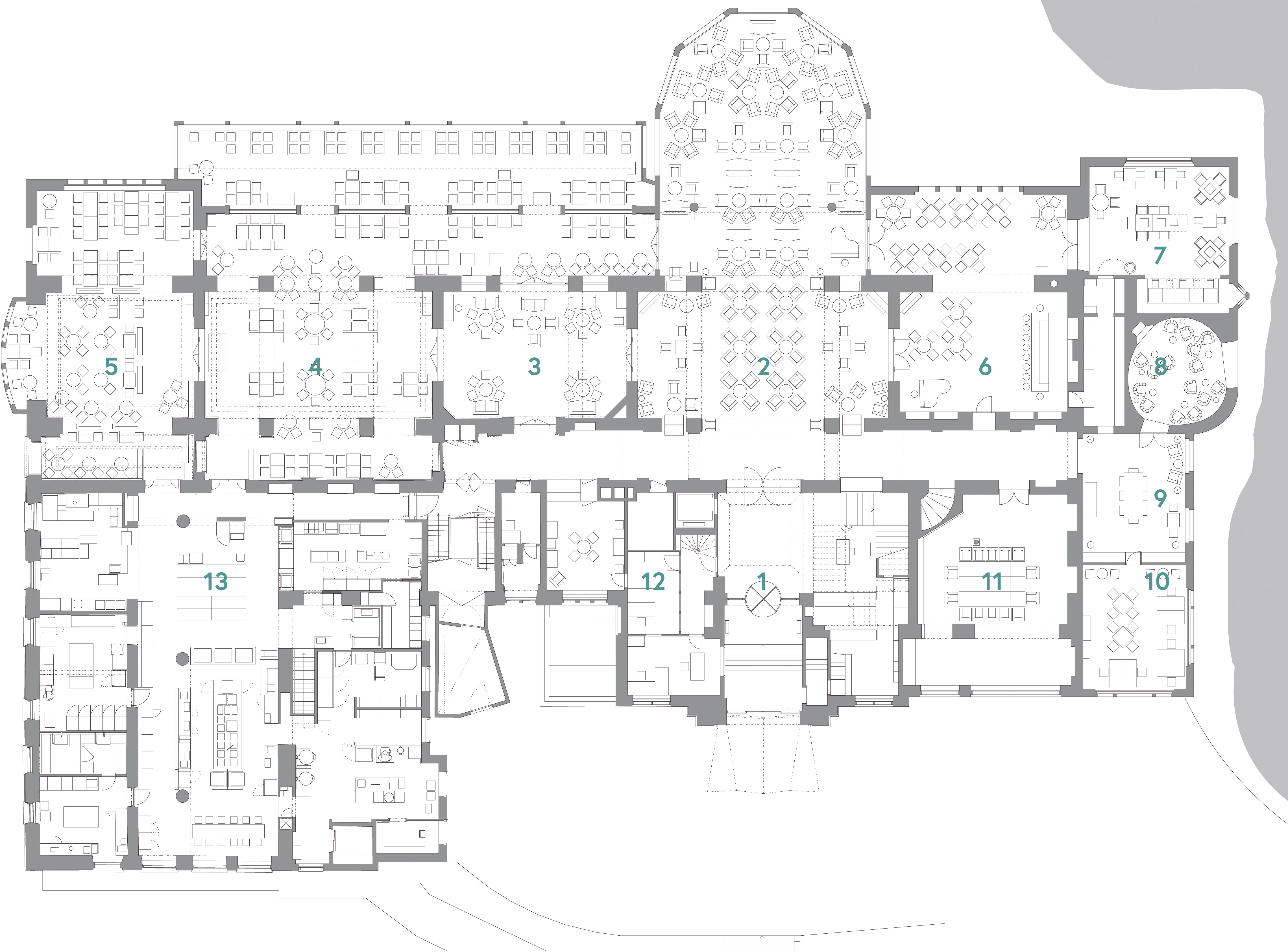 Etage des salles: 1 Hall d'entrée / 2 Hall de l’hôtel / 3 Salon Empire / 4 Salle à manger / 5 Salle des mariages / 6 Bar / 7 Restaurant «Arvenstube» / 8 Fumoir / 9 Foyer / 10 Bibliothèque / 11 Salle de conférence / 12 Bureau / 13 Cuisine.