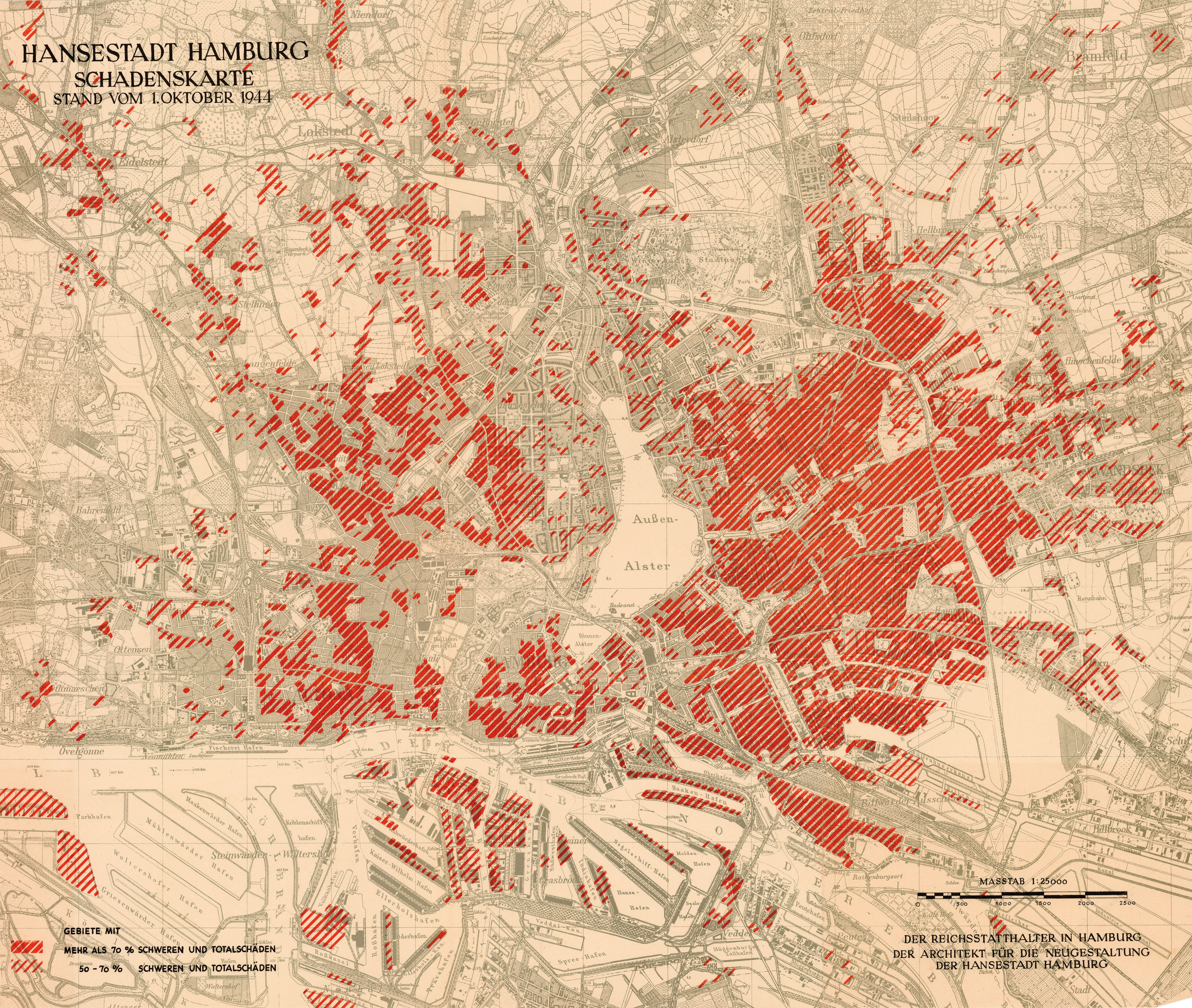 Relevé de la destruction de la ville de Hambourg réalisé en 1944. (Collection Gutschow)