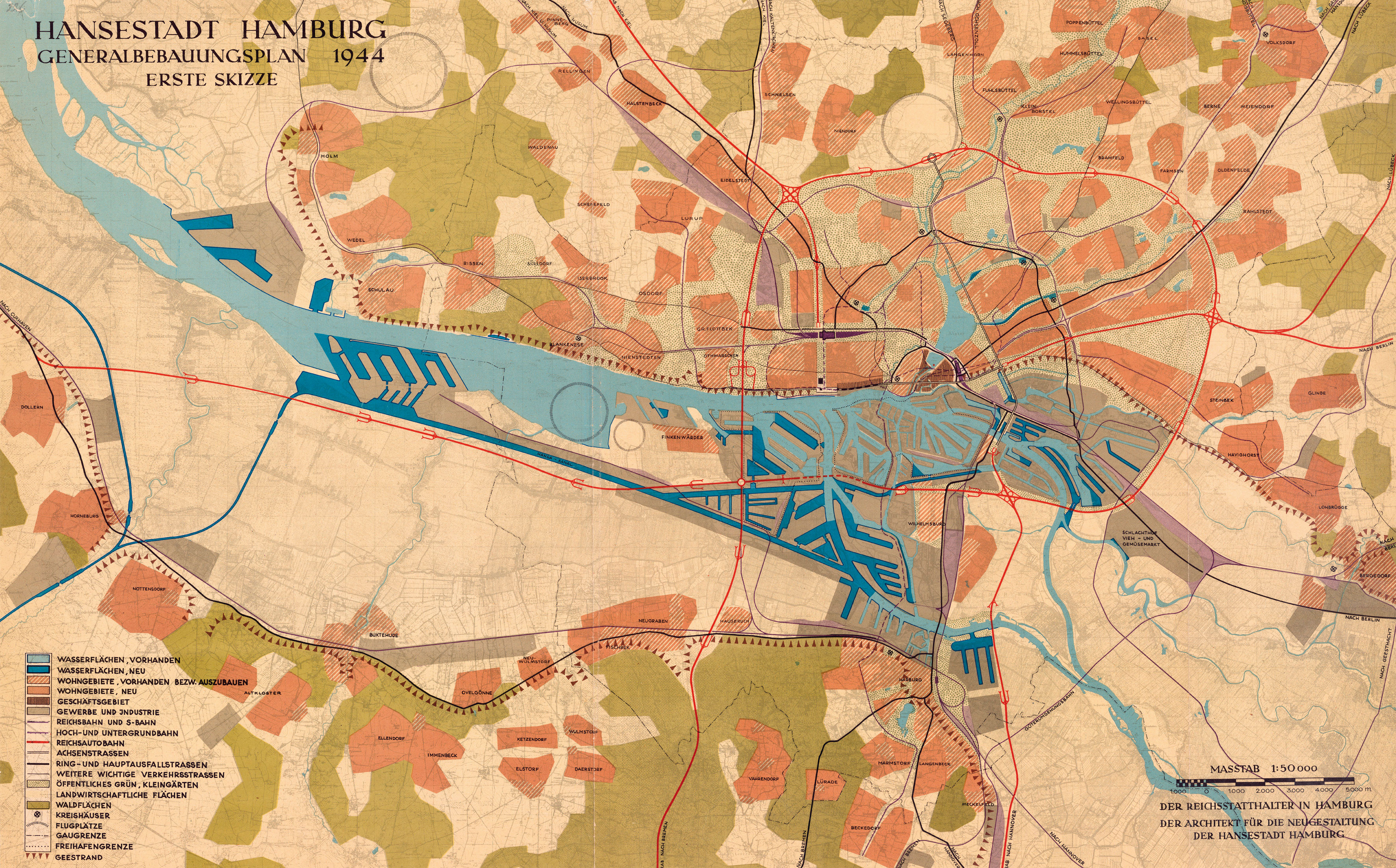 Plan général de reconstruction datant de 1944. Les cours d’eau et des coulées vertes partitionnent le tissu urbain en îlots distincts. (Collection Gutschow)