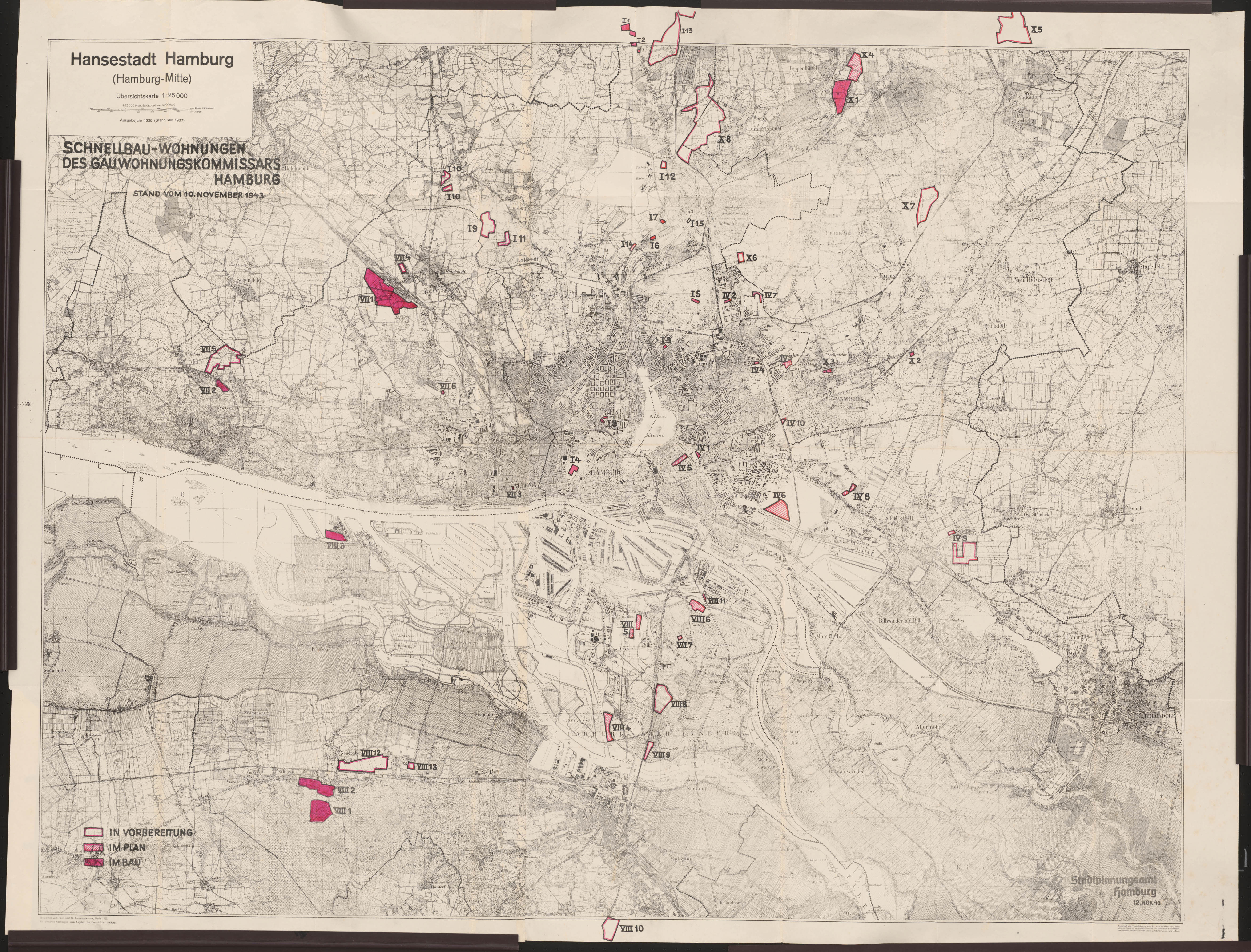 Relevé datant de 1943 de 42 campements d’hébergement dans la région de Hambourg, pour les rescapés des bombardements. En rouge, les sites en cours de réalisation. (Collection Gutschow)