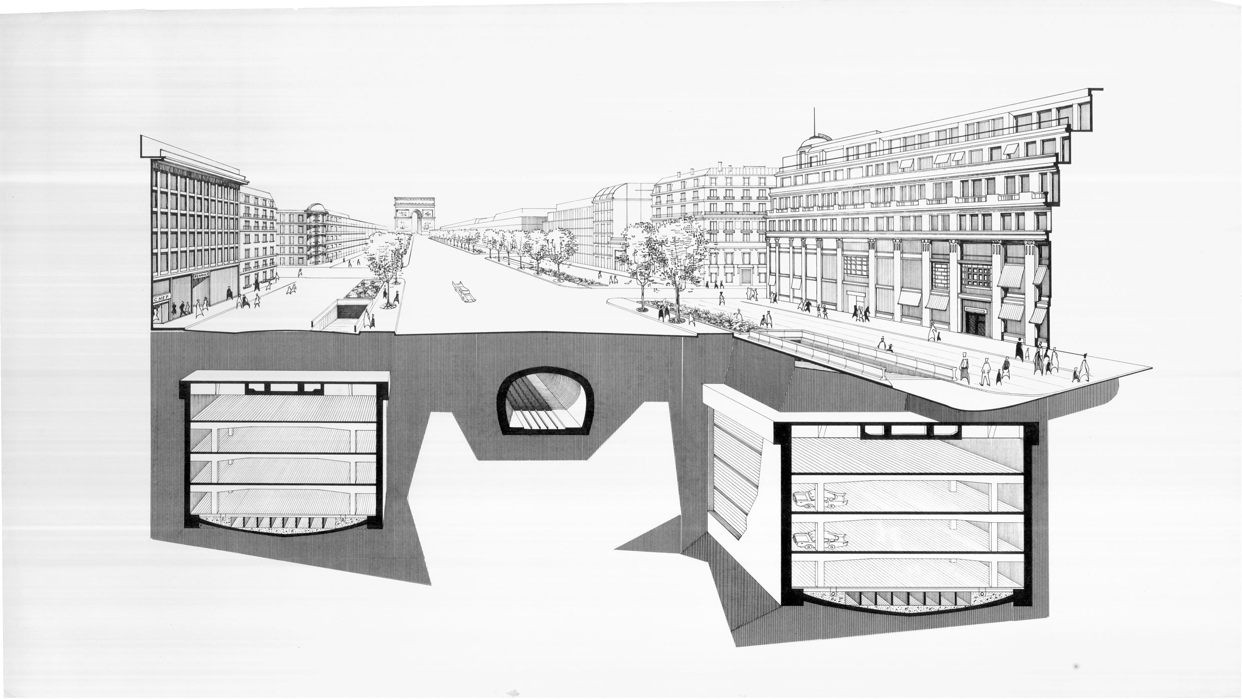 Edouard Utudjian, 1963. Projet de parking sous les Champs-Elysées?: perspective d’ensemble. (Fond Edouard Utudjian, Académie d’architecture / Cité de l’architecture &amp; du patrimoine / Archives d’architecture du XXe siècle)