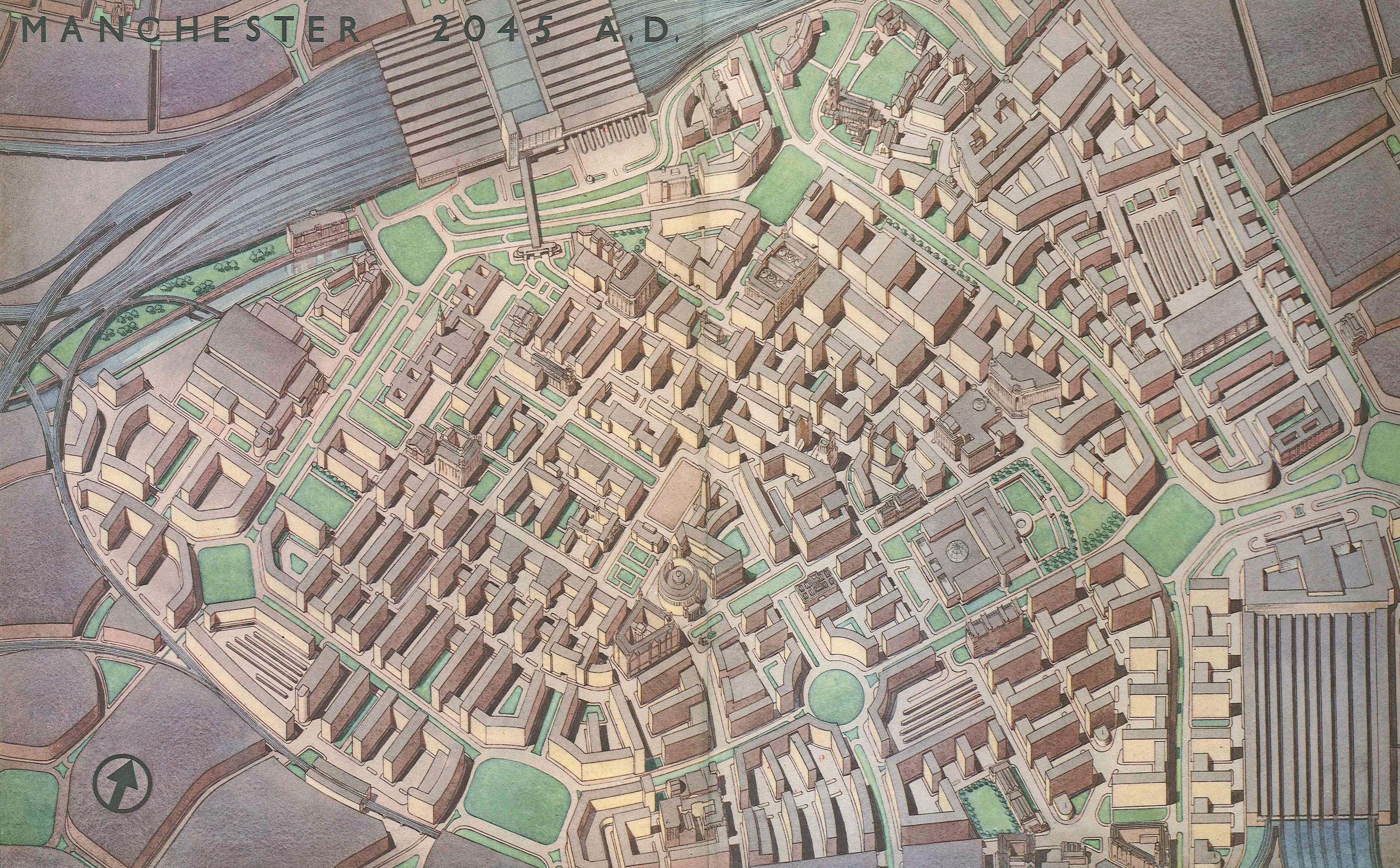 Manchester en 2045 (Rowland Nicholas, City of Manchester plan, 1945)