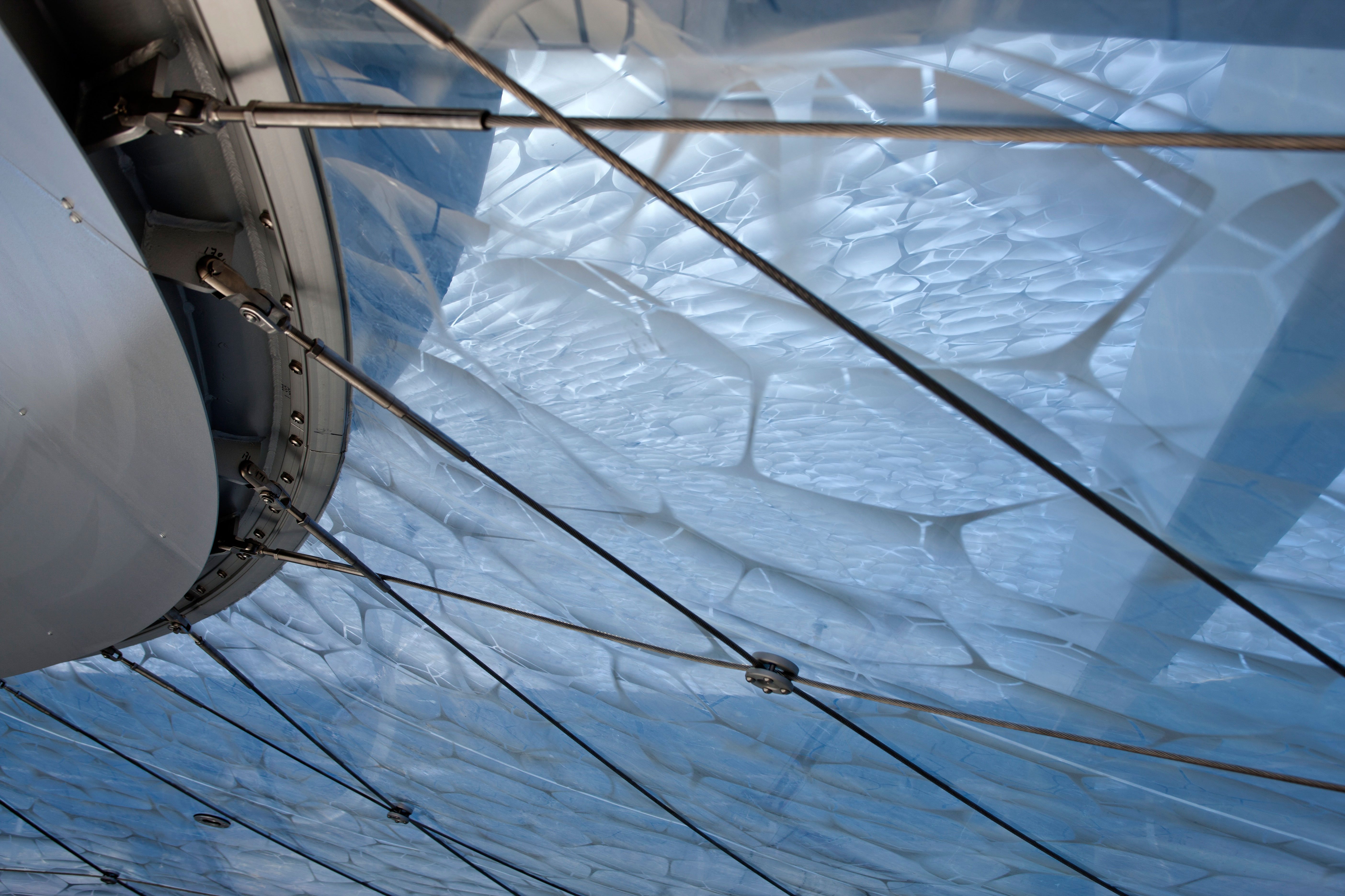 Les câbles qui donnent la forme à la membrane ont un rôle à la fois structurel et esthétique.