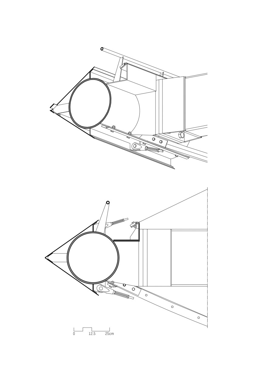 Coupes de la poutre périphérique et détail de la fixation de la membrane à la structure en acier
