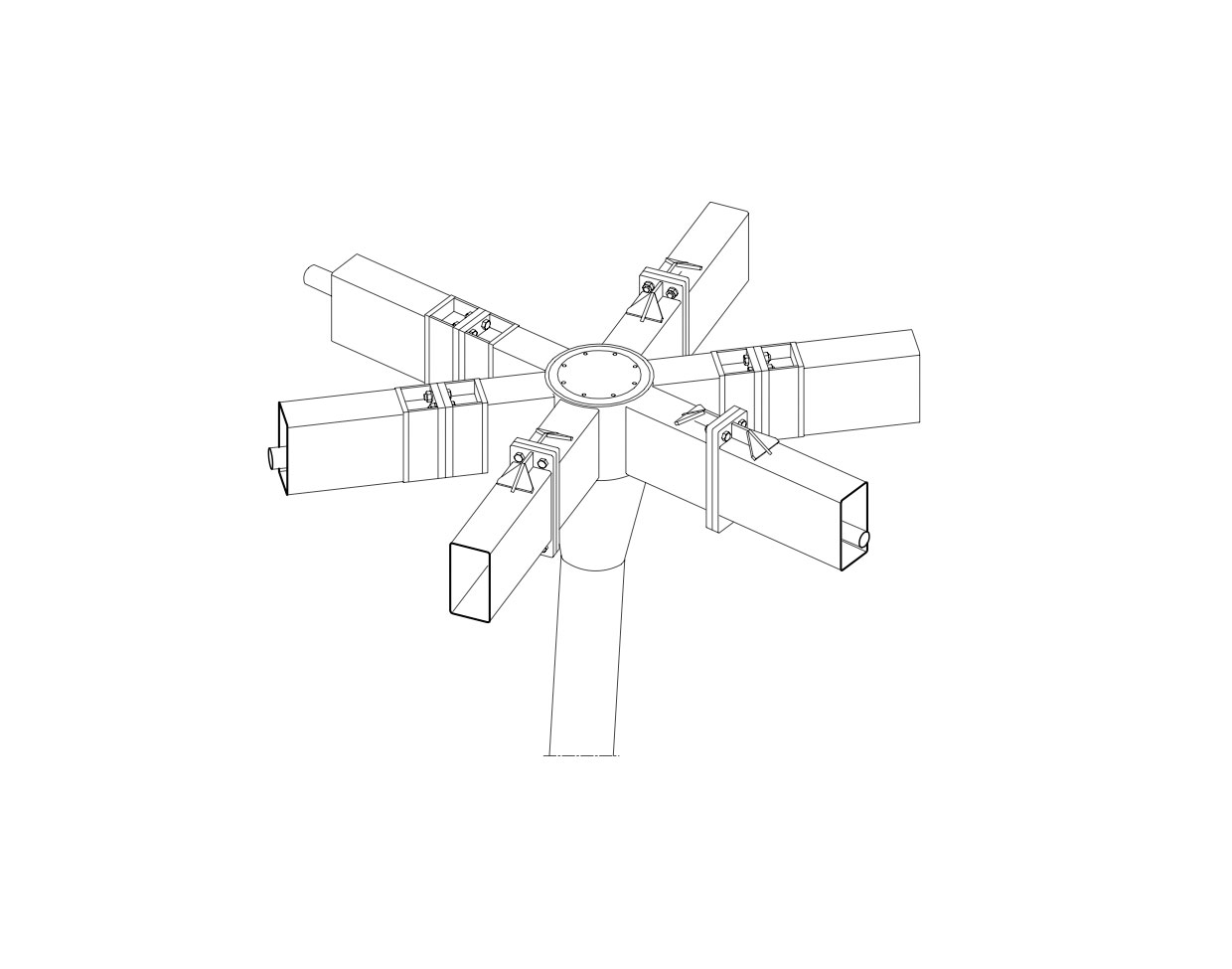 Axonométrie du sommet des piliers verticaux; les poutres s’y encastrent en étoile.