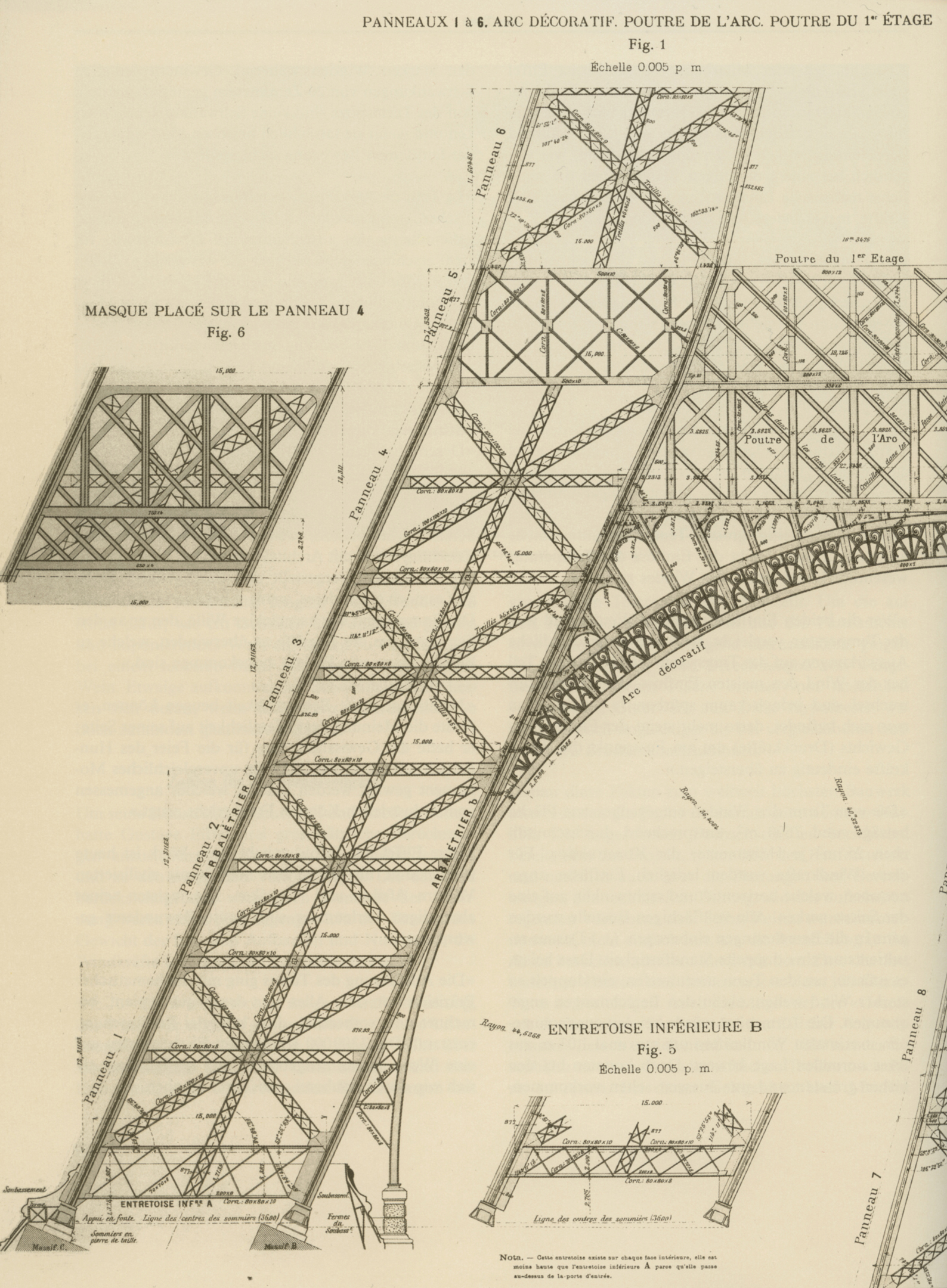 Plan d'un pilier avec son raccord à la première plateforme et avec l'arc décoratif. (Source: «La Tour de 300 mètres», Gustave Eiffel 1900, Lemercier Paris)