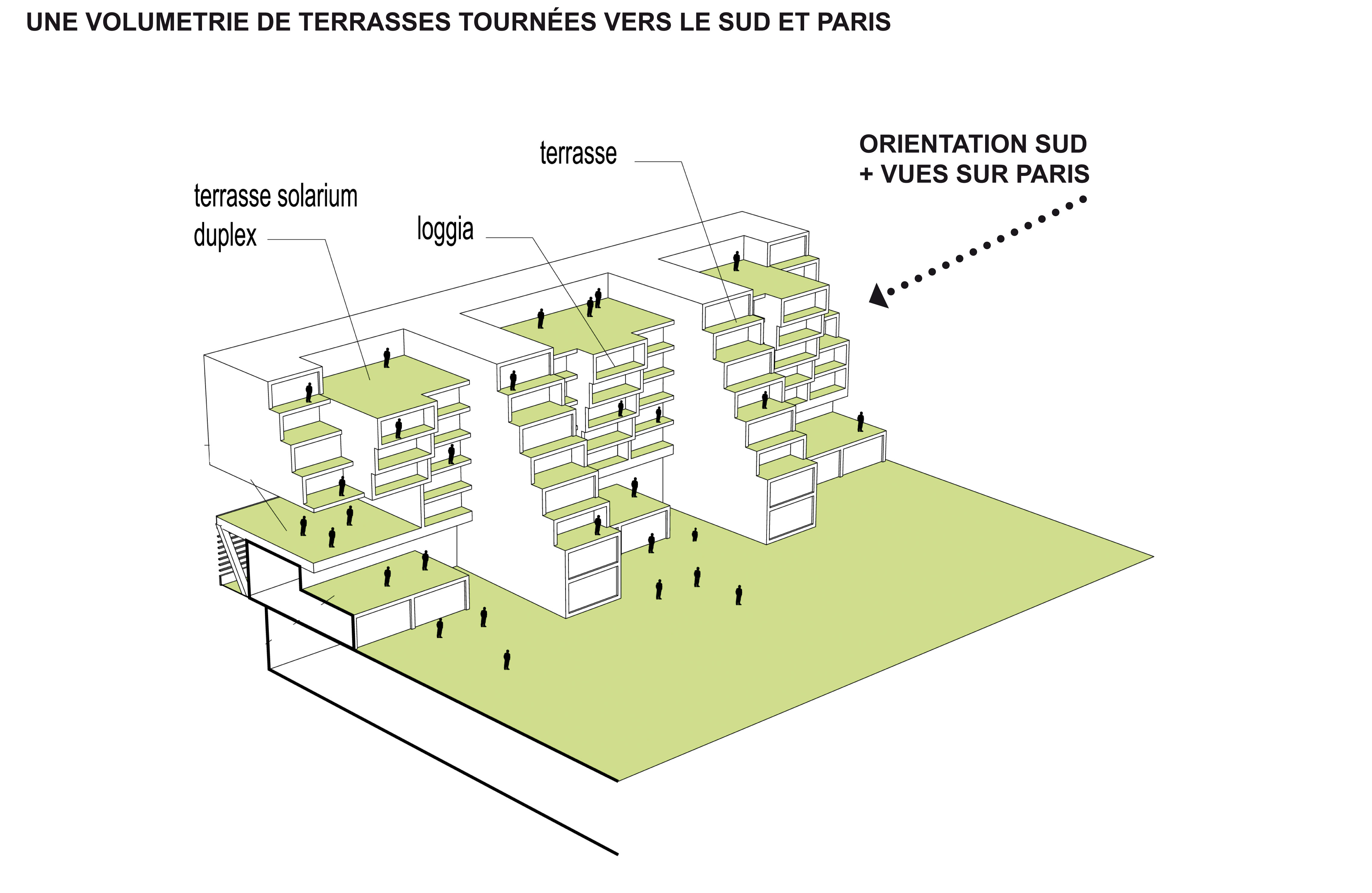 Une volumétrie de terrasses tournées vers le sud et Paris (bâtiment N2)