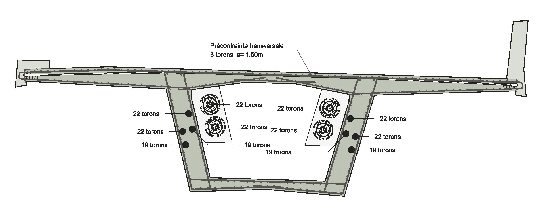 Coupe de la précontrainte aux bossages des viaducs Eaux des Fontaines