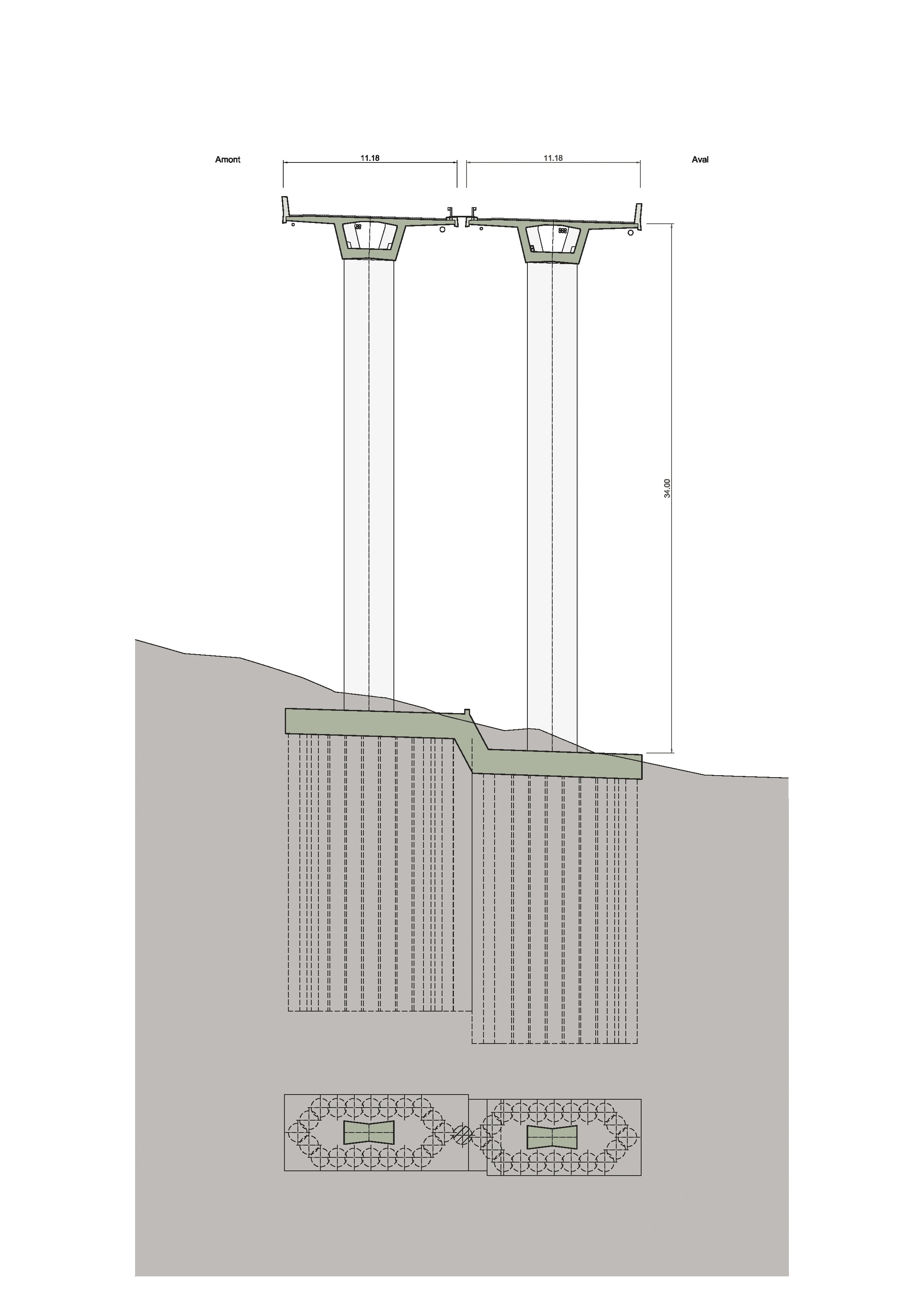 Coupe du tablier, des piles et des fondations