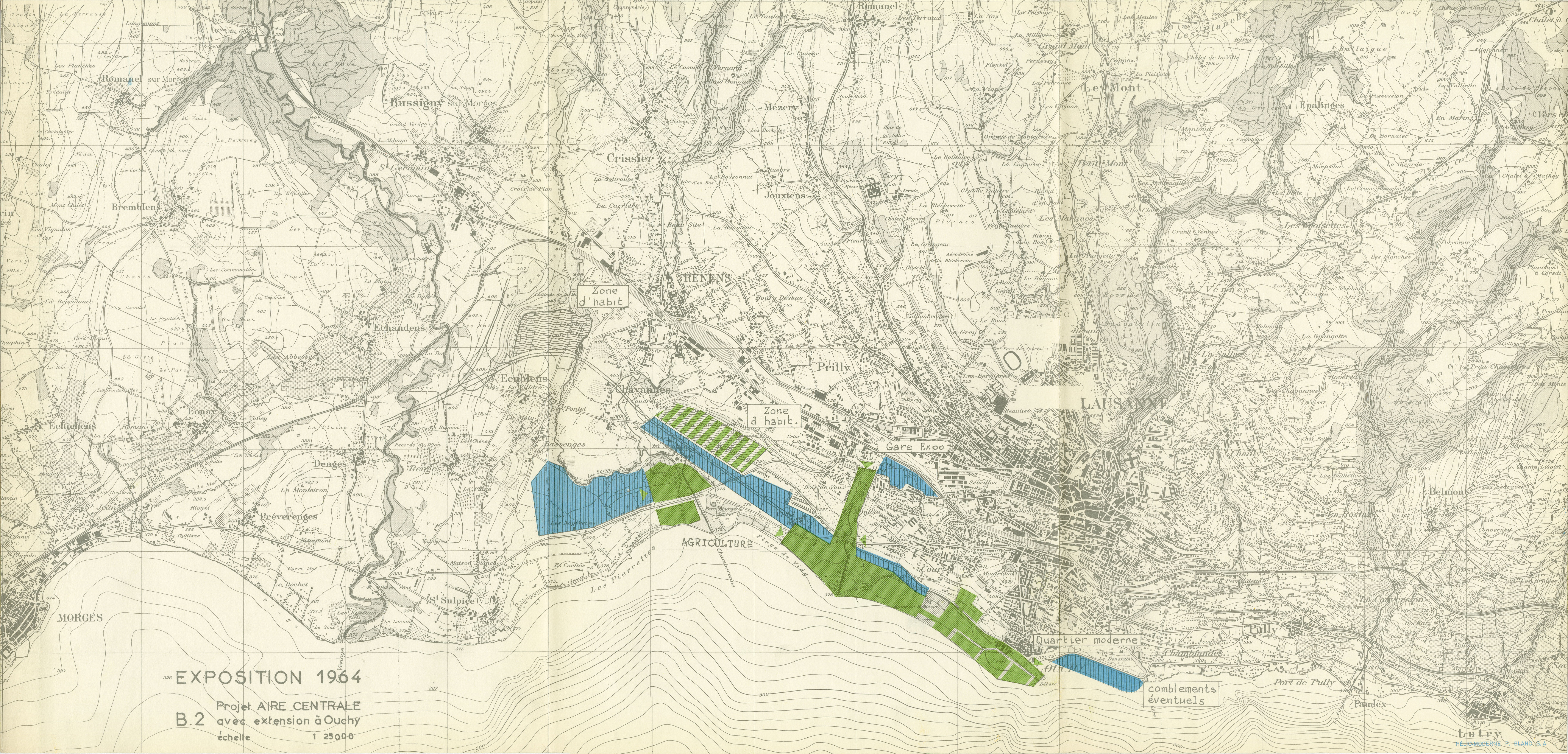 Projet de la Commission, variante 2. Les cités d’habitation des différents projets sont représentées par des hachures vertes et blanches. Janvier 1959.