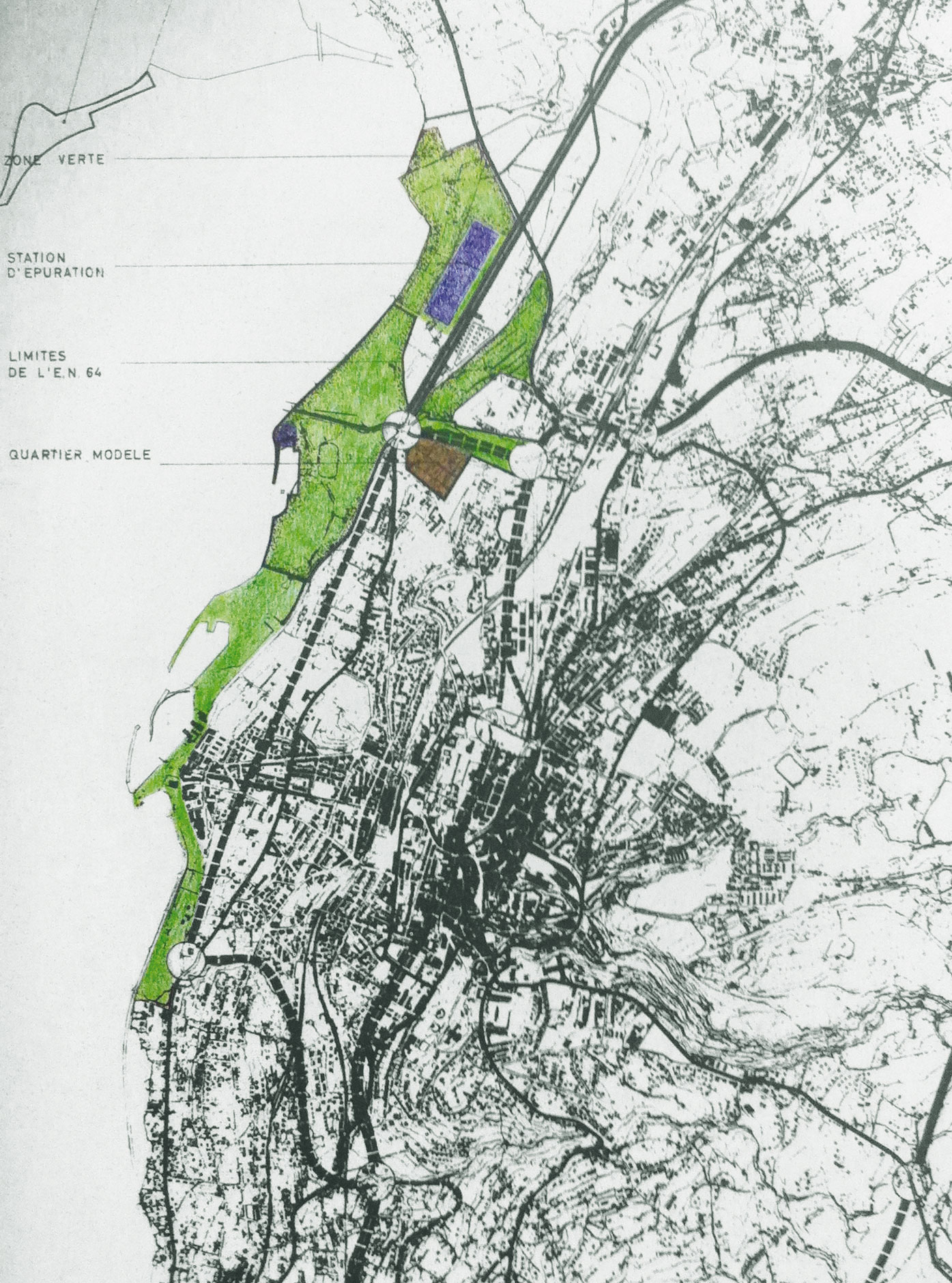 Emplacement du quartier modèle (en brun) préconisé par la commission constituée d’experts de la Municipalité et du bureau d’architecture de l’Exposition, début 1960.