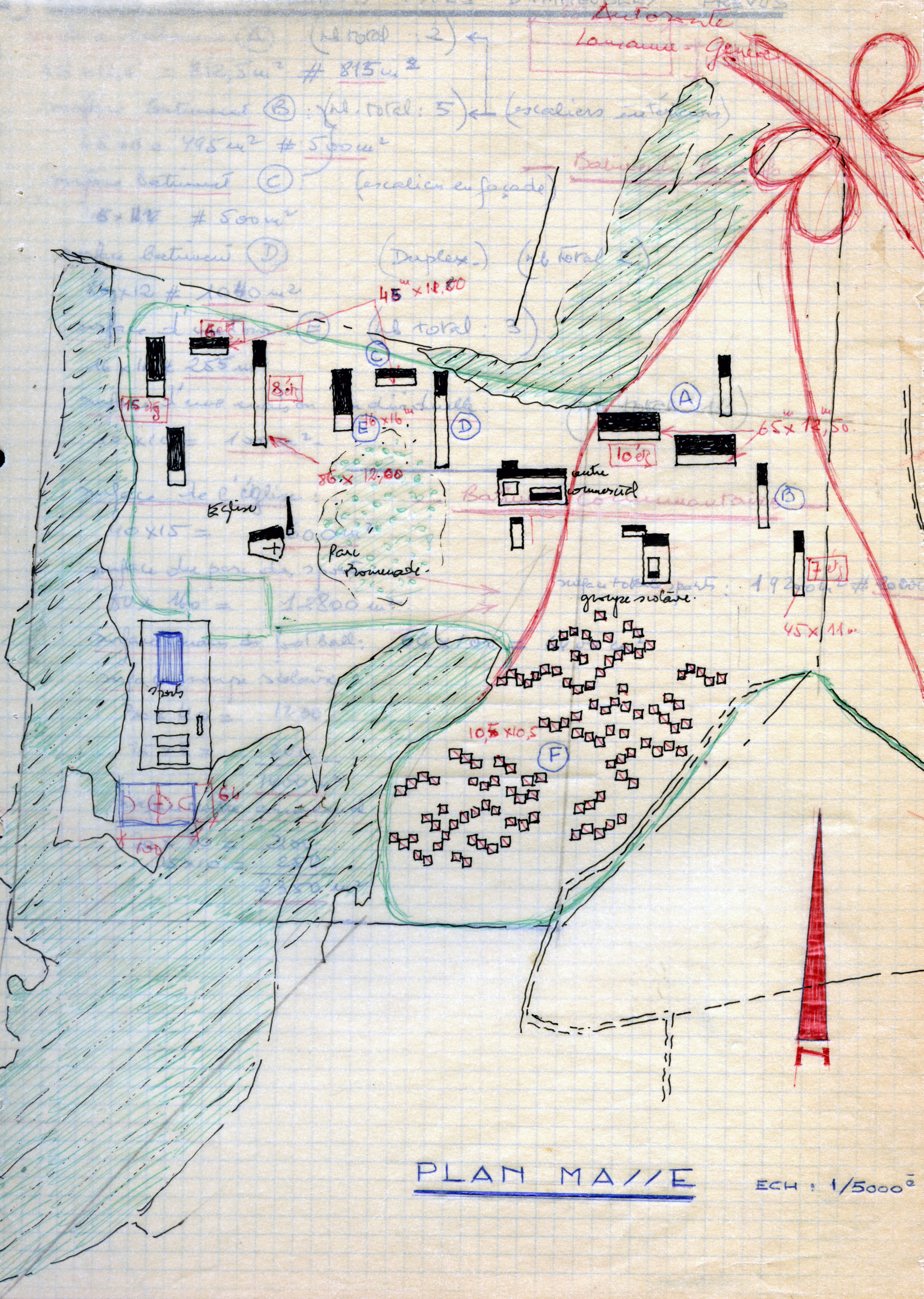 Etude d’un quartier modèle à Bois-Genoud, Georges Saulnier. Légende du dessin?: A. 11 immeubles avec escaliers intérieurs (10 étages), B. 8 immeubles avec escaliers intérieurs (7 étages), C. 2 immeubles avec escaliers en façade (6 étages), D. 2 immeubles en duplex (8 étages), E. 16 immeubles tours (15 étages), F. 100 maisons individuelles (1 étage)