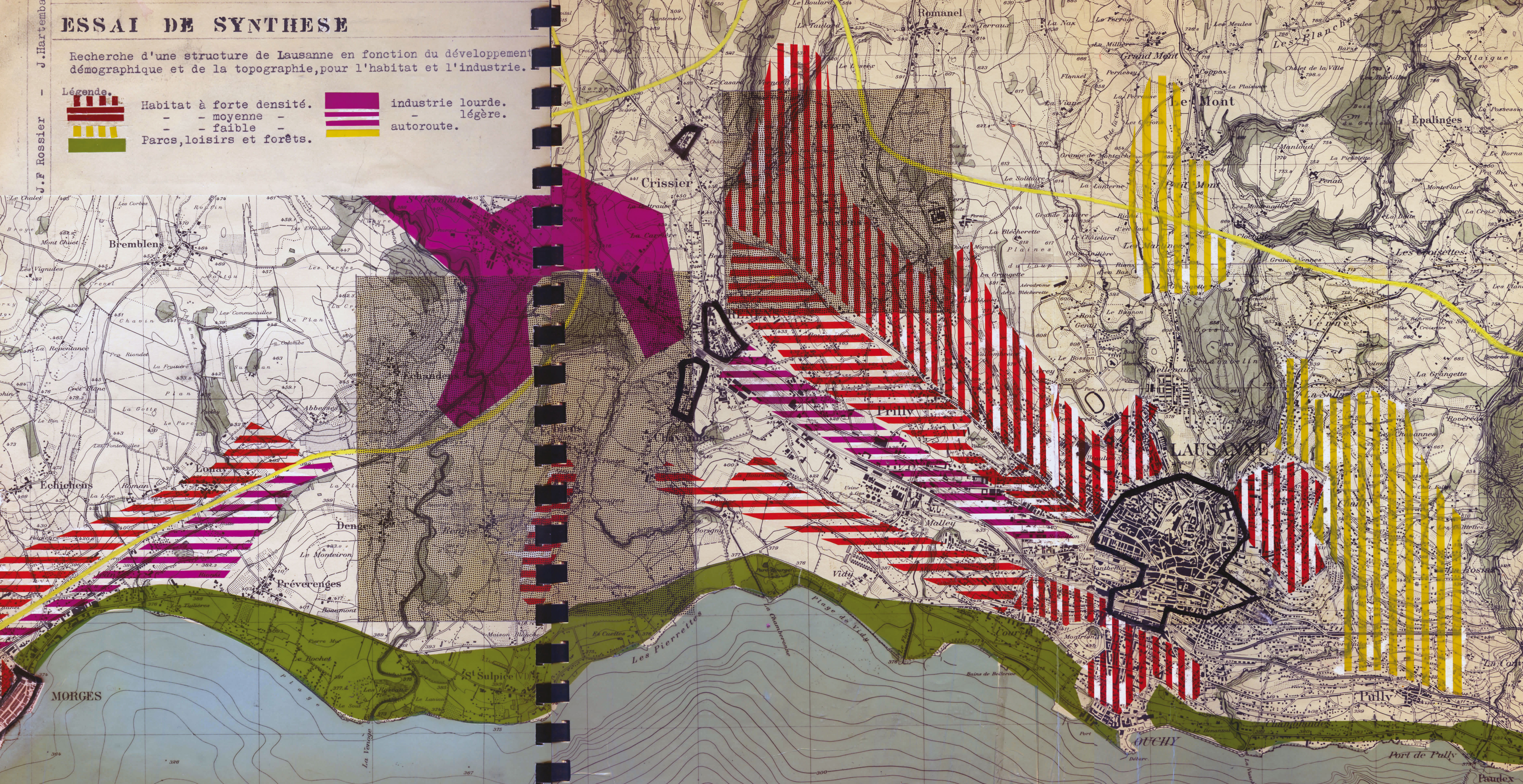 Carte de synthèse réalisée par J.-F. Rossier et J. Hartembach. Elle illustre la recherche d’une structure de la région ouest lausannoise (habitat et industrie) en fonction du développement démographique et de la topographie. (Tous les documents de cet encadré sont issus d’archives non référencées de l’école d’architecture, EPFL.)