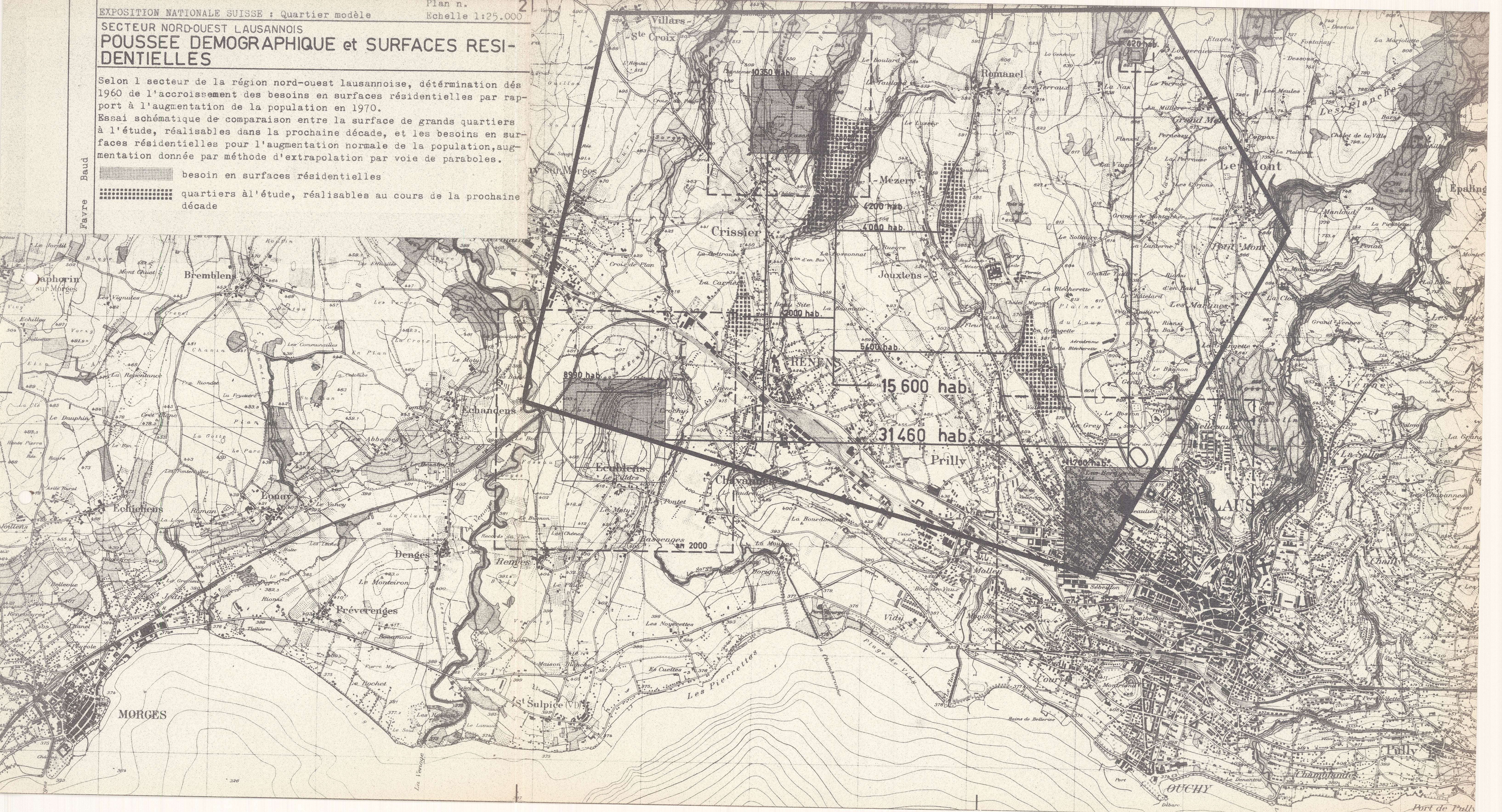 Carte extraite du rapport Favre/Baud réalisée à partir des analyses préliminaires effectuées par les étudiants, octobre 1961. 7 Etude du quartier de Jouxtens-Mézery sur Lausanne, maquette.