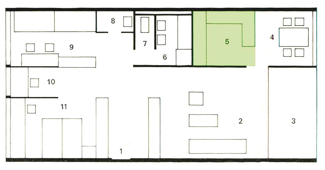 Appartement 2 1. Entrée 2. Salle de séjour 3. Loggia 4. Coin-salle à manger 5. Cuisine 6. Salle de bains 7. WC 8. Débarras 9. Chambre des enfants 10. Cabinet de travail 11. Chambre des parents