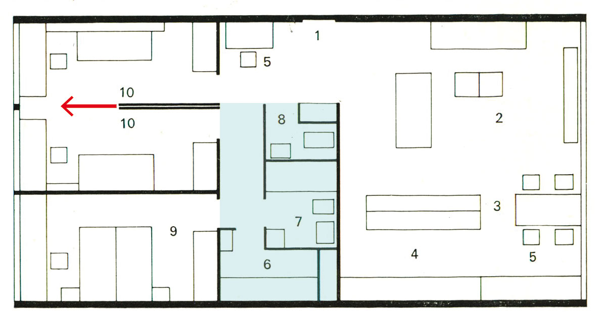 Appartement 3 1. Entrée 2. Salle de séjour 3. Coin-salle à manger 4. Cuisine 5. Coin de travail 6. Débarras 7. Salle de bains 8. WC 9. Chambre des parents 10. Chambres des enfants En bleu, les espaces séparent le séjour des chambres.