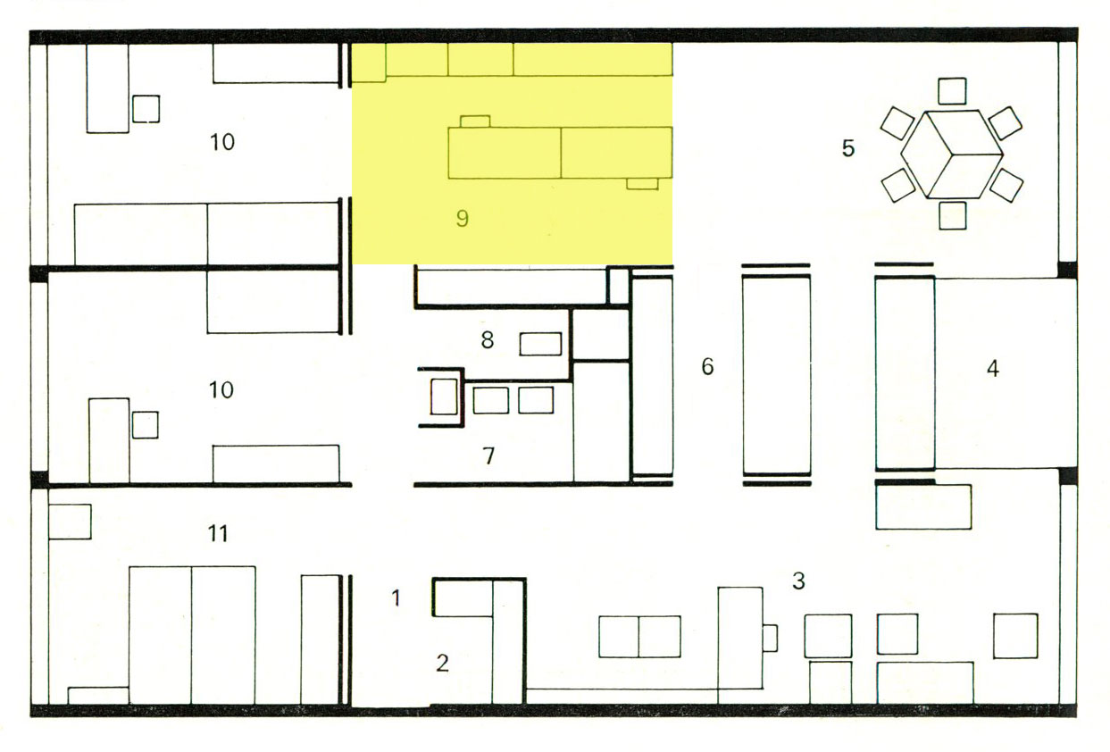 Appartement 4 1. Entrée 2. Vestiaire 3. Salle de séjour 4. Loggia 5. Salle à manger 6. Cuisine 7. Salle de bains 8. WC 9. Cabinet de travail 10. Chambres des enfants 11. Chambre des parents
