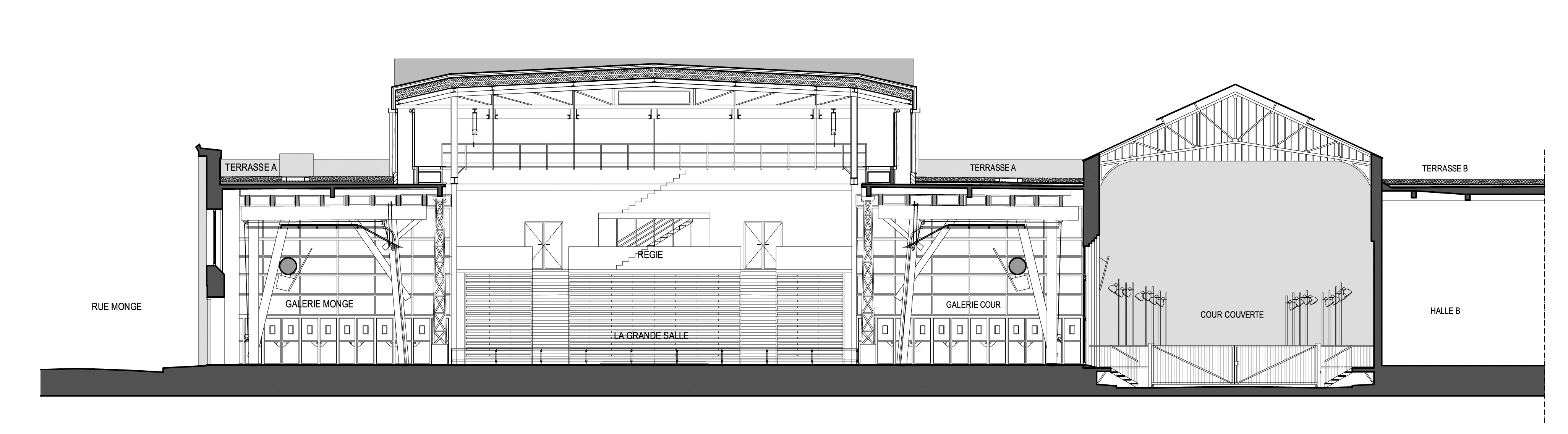 La condition publique - Roubaix 2003. Patrick Bouchain, Loïc Julienne, Nicole Concordet. Coupe transversale?: la dalle est soutenue par des contreforts en bois.