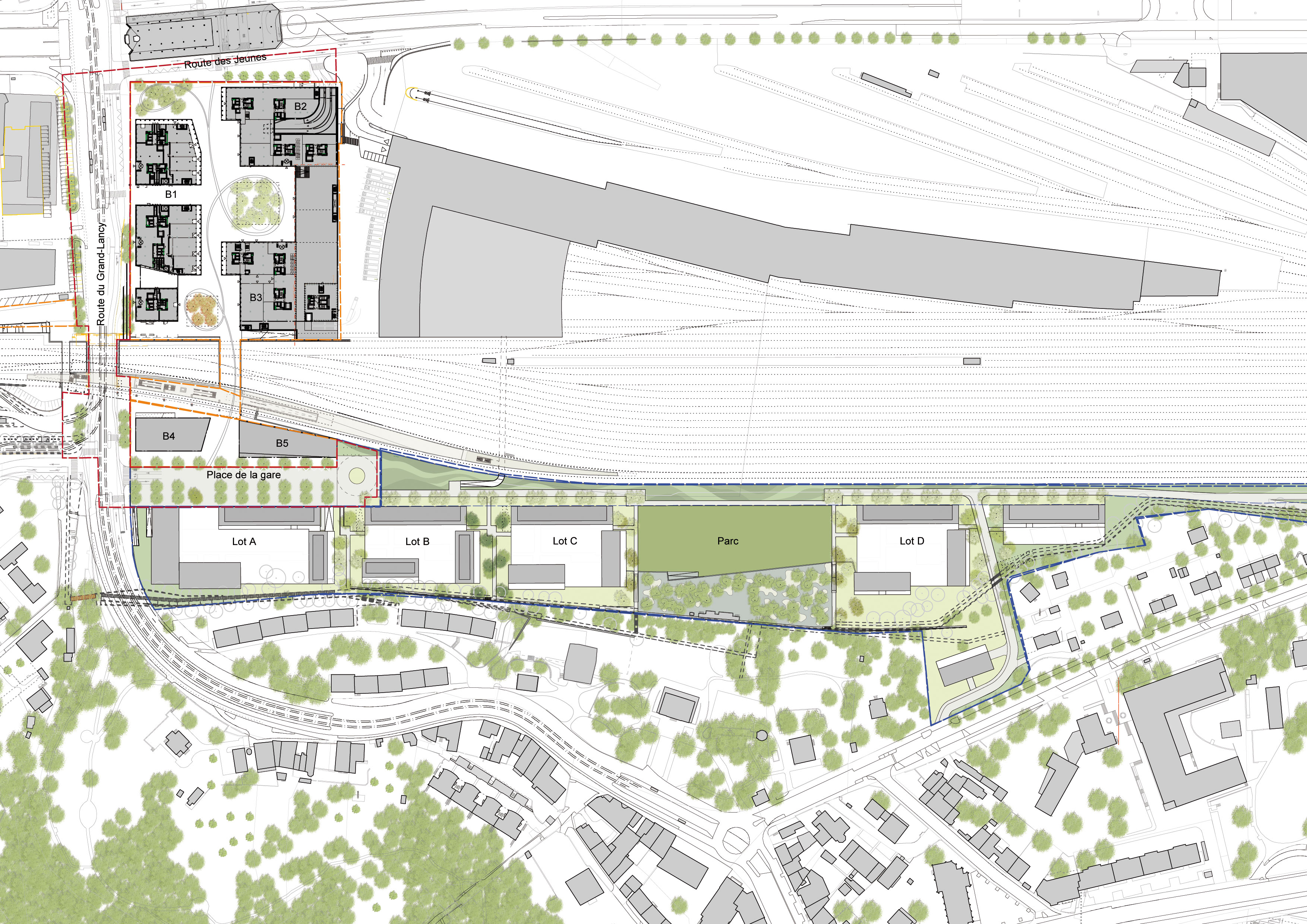 Répartition des différents lots sur le périmètre de l’interface Lancy-Pont-Rouge