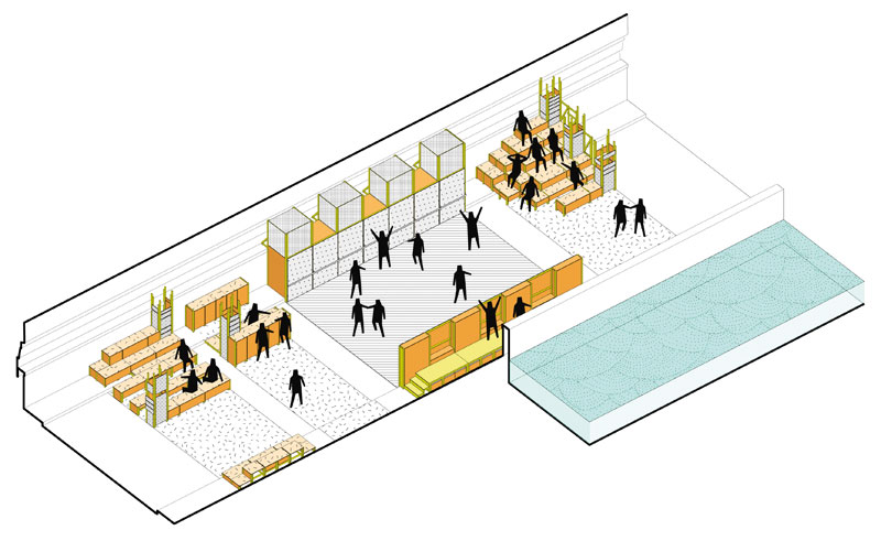 Ta tata en tutu sous la douche, axonométrie. Installation réalisée par le collectif Etc sous le pont de la Concorde, décembre 2013, Paris.