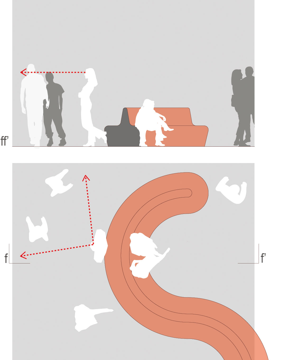 Banc «?zigzag?» (points d’inflexion qui ordonnent des espaces concave et convexe, permettant la succession d’espaces introvertis et des ouvertures pour dégager une vue), croquis réalisé par Ana Povoas, 2013.