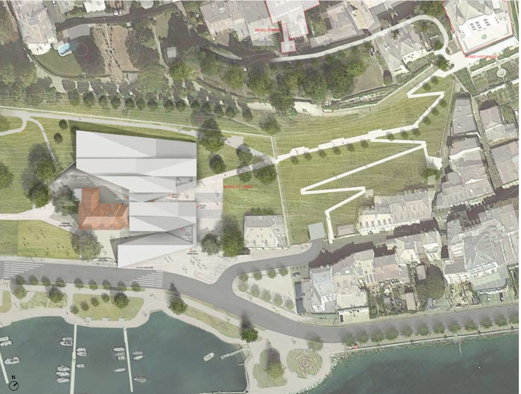 SAILING ROOFS, plan d'insertion et liens avec les autres musées (Kengo Kuma &amp; Associates)