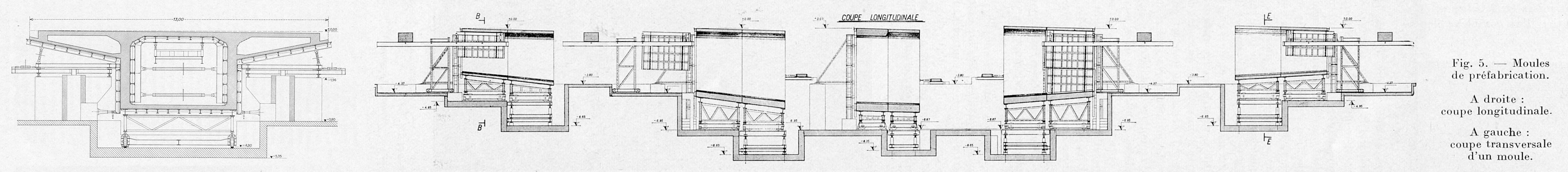 Moules de préfabrication. A droite: coupe longitudinale. A gauche: coupe transversale d'un moule. (MONOD-PIGUET + ASSOCIES IC S.A.)