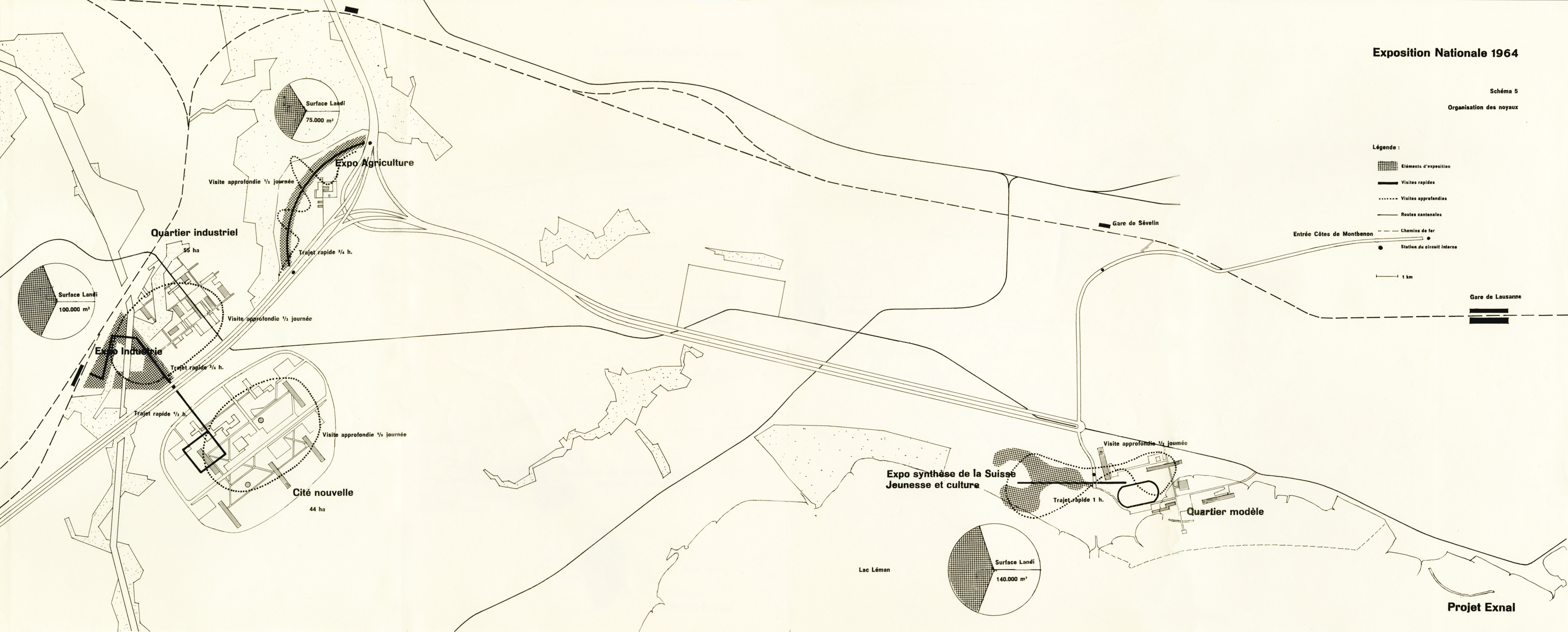 Schéma du projet Exnal. Les noyaux d’exposition répartis sur le triangle Lausanne-Bussigny-Morges s’inspirent des quatre fonctions humaines préconisées par les CIAM.