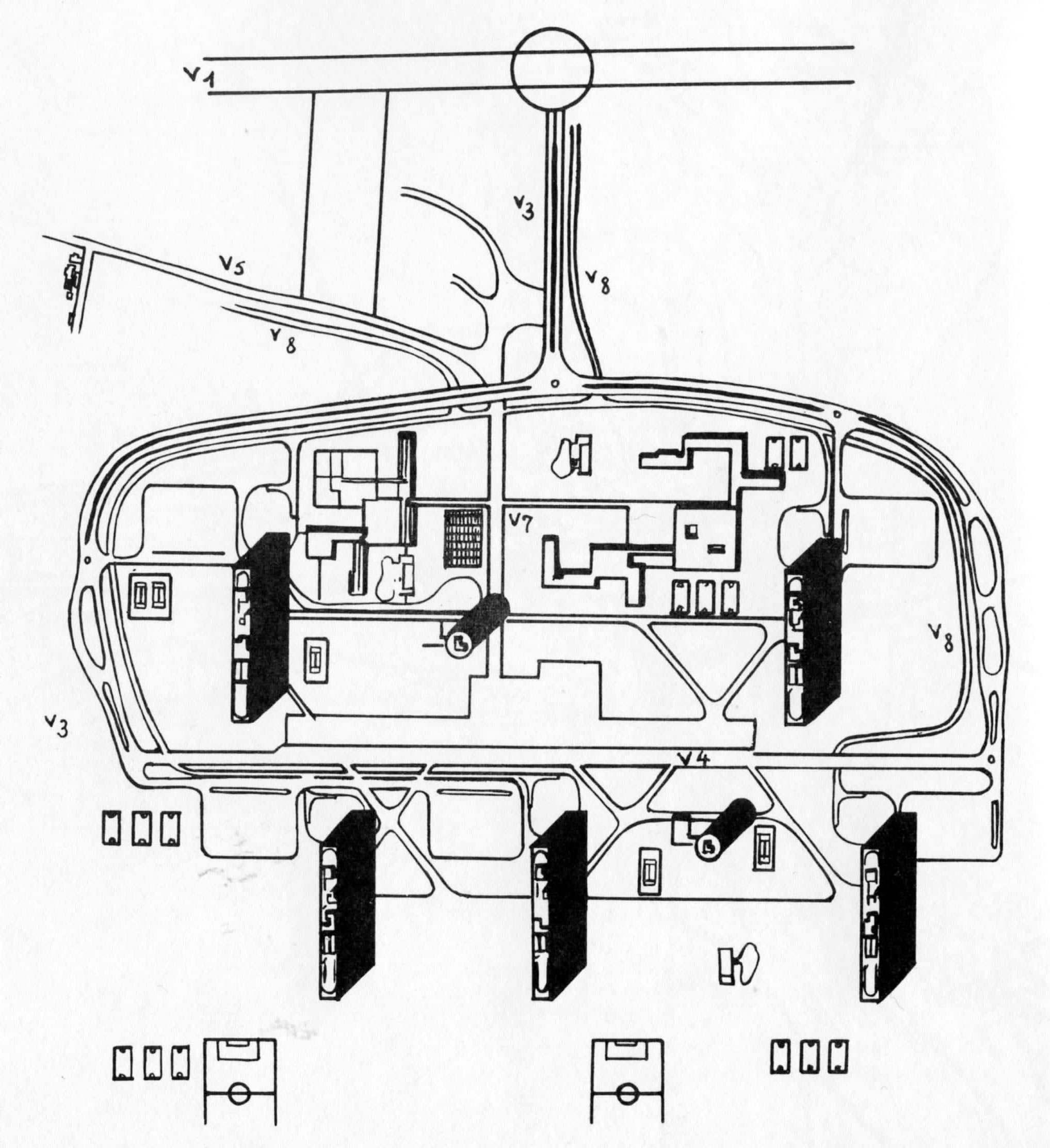 Le Corbusier, projet de Cité radieuse, Meaux. Plan repris par Marx Lévy pour la cité nouvelle d’Exnal.