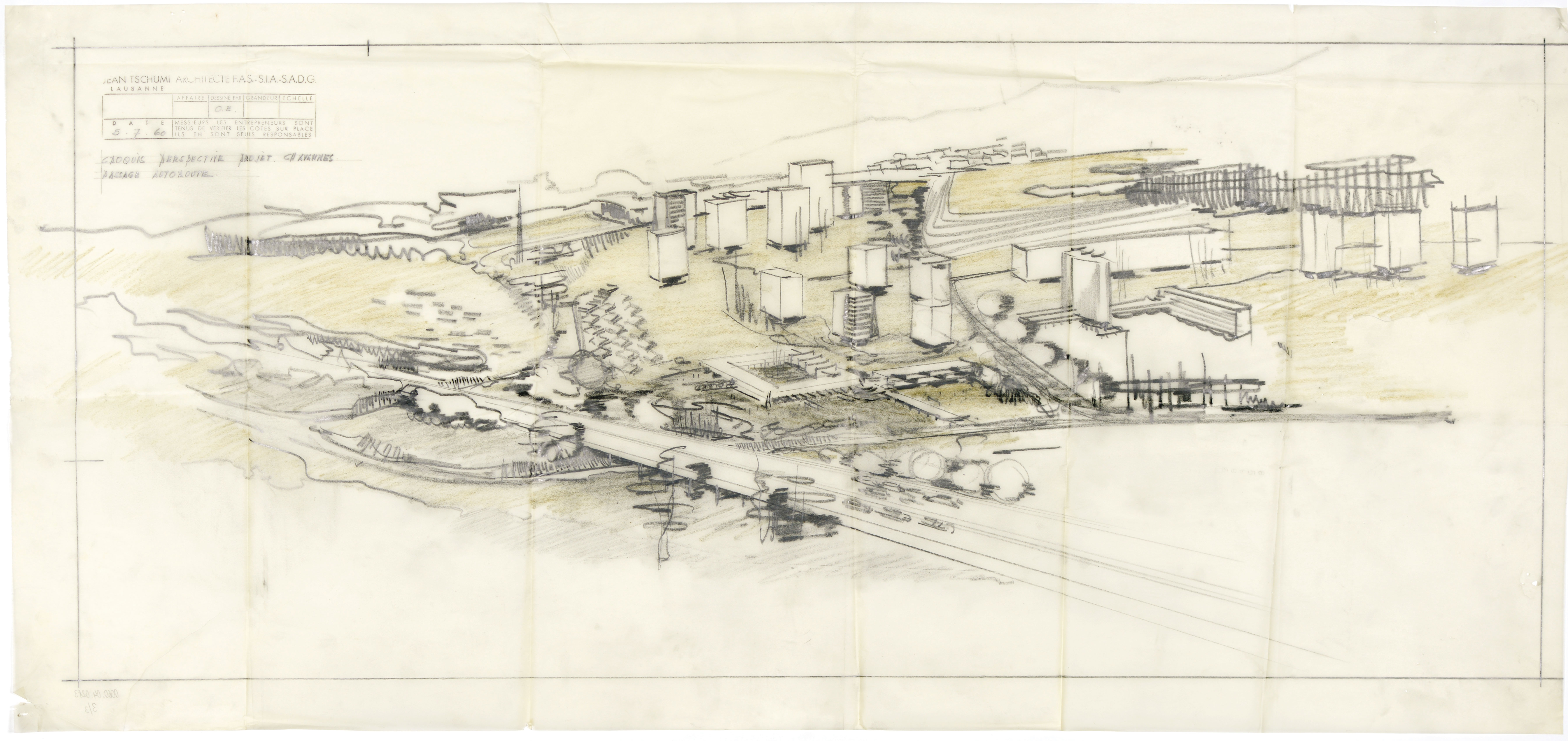 Jean Tschumi, projet d’aménagement de la région Lausanne-Bussigny-Morges, env. 1960, maquette, perspective et coupe.