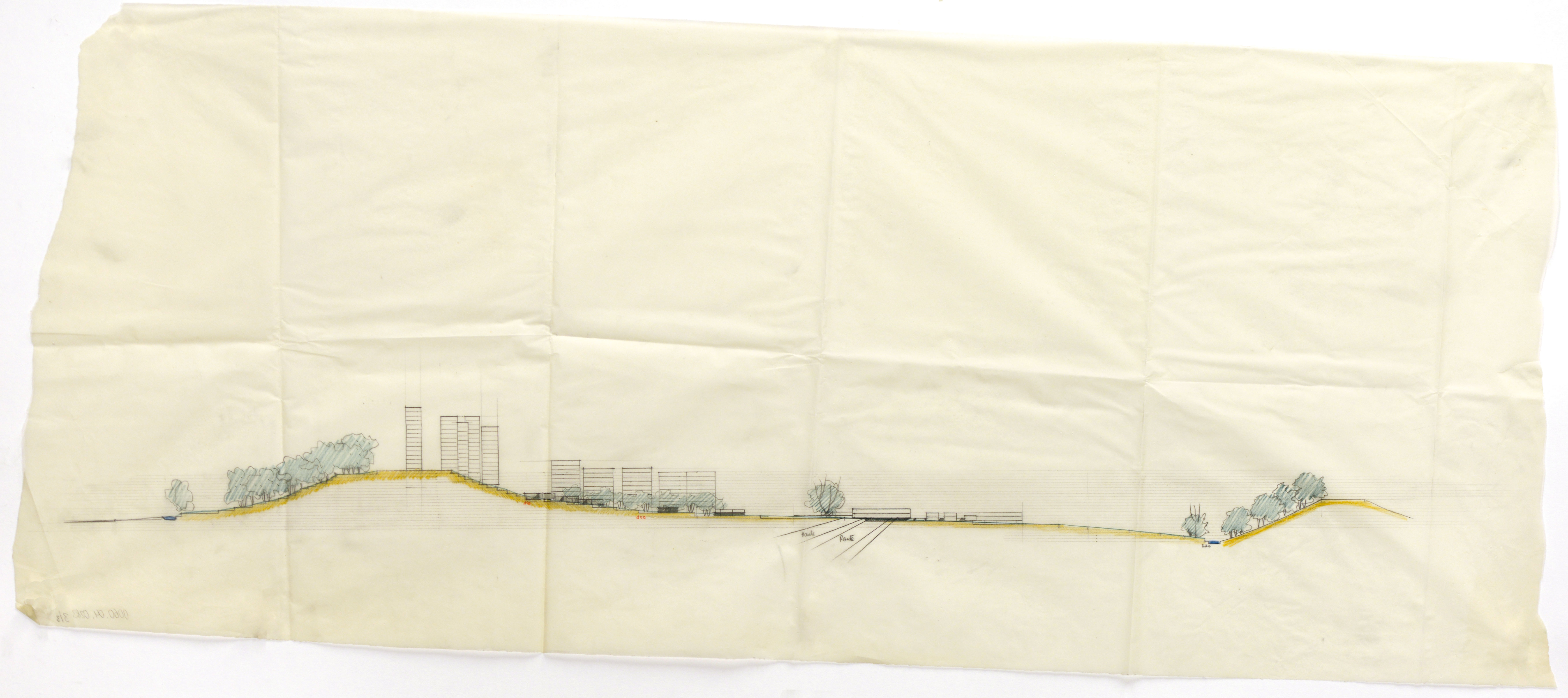 Jean Tschumi, projet d’aménagement de la région Lausanne-Bussigny-Morges, env. 1960, maquette, perspective et coupe.