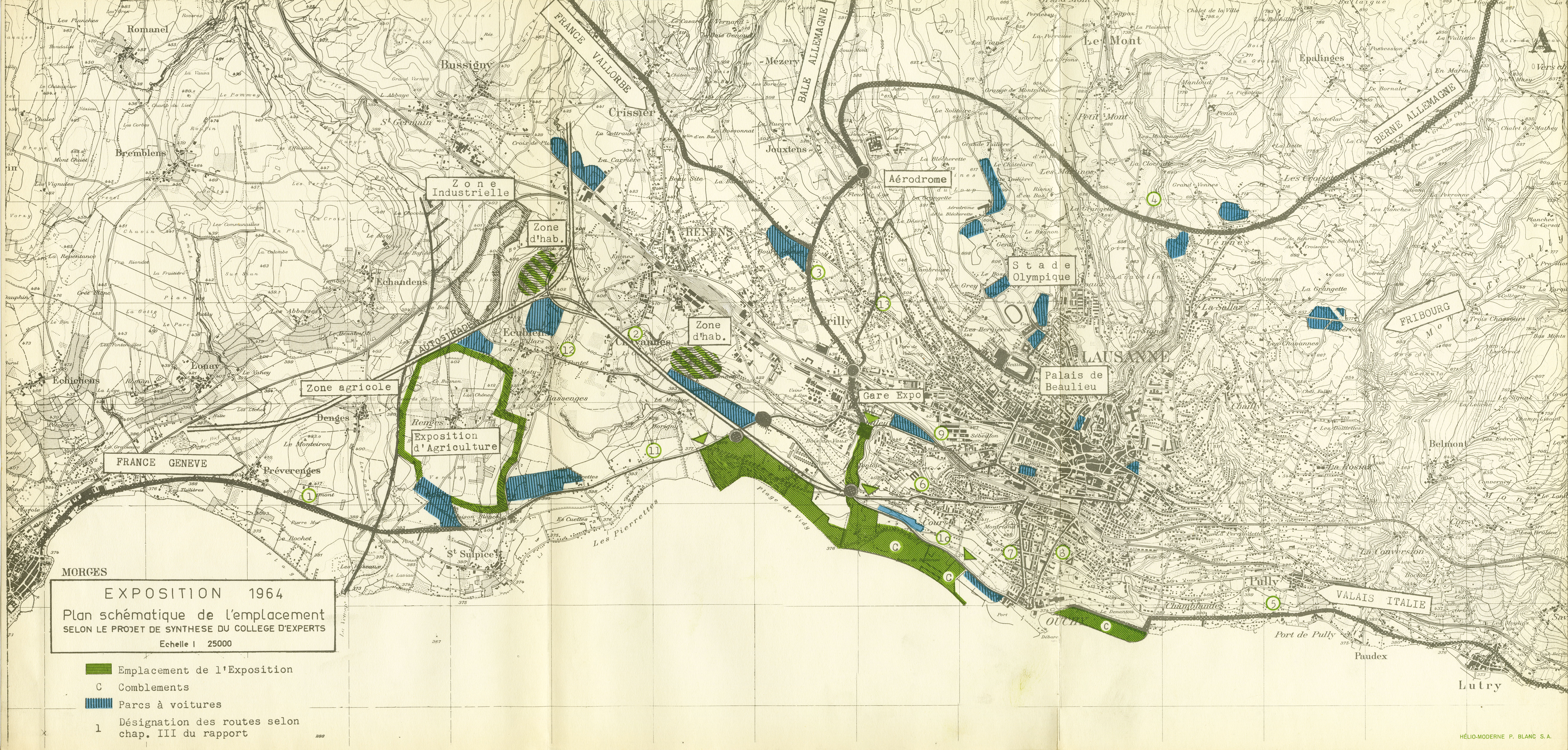 Projet du Collège d’experts. Les cités d’habitation des différents projets sont représentées par des hachures vertes et blanches. Janvier 1959.