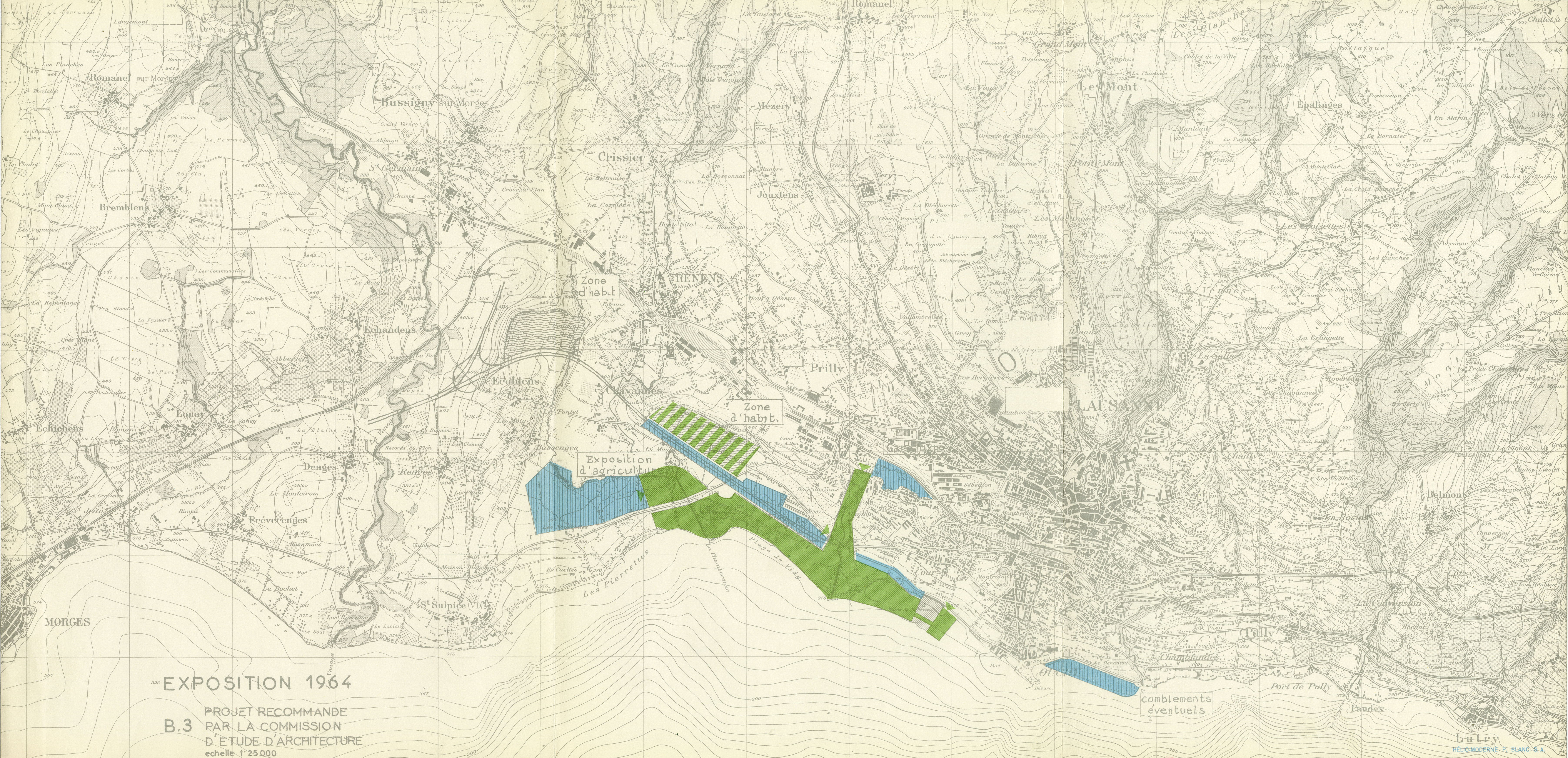 Projet de la Commission, variante 1. Les cités d’habitation des différents projets sont représentées par des hachures vertes et blanches. Janvier 1959.