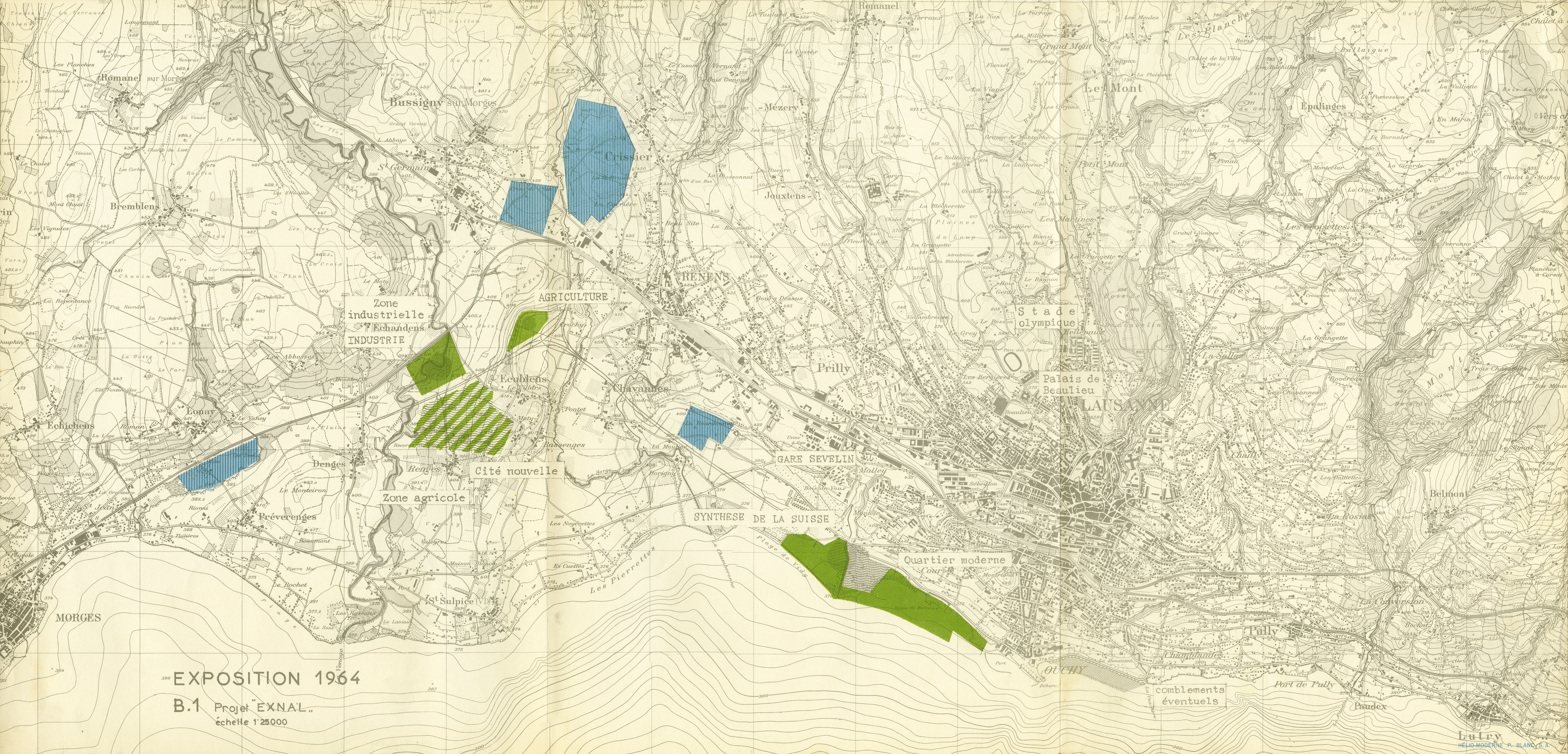 Projet Exnal b. Projet du Collège d’experts c. Projet de la Commission, variante 1 d. Projet de la Commission, variante 2. Les cités d’habitation des différents projets sont représentées par des hachures vertes et blanches. Janvier 1959.