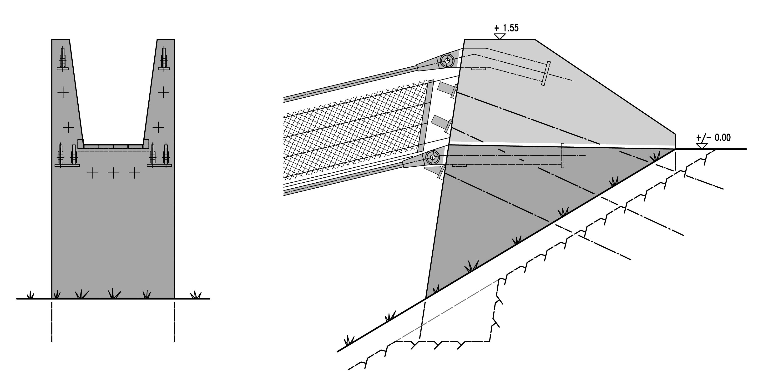 Sections transversale et longitudinale de la culée côté Monte Carasso (Filippini &amp; Partner Ingegneria SA)