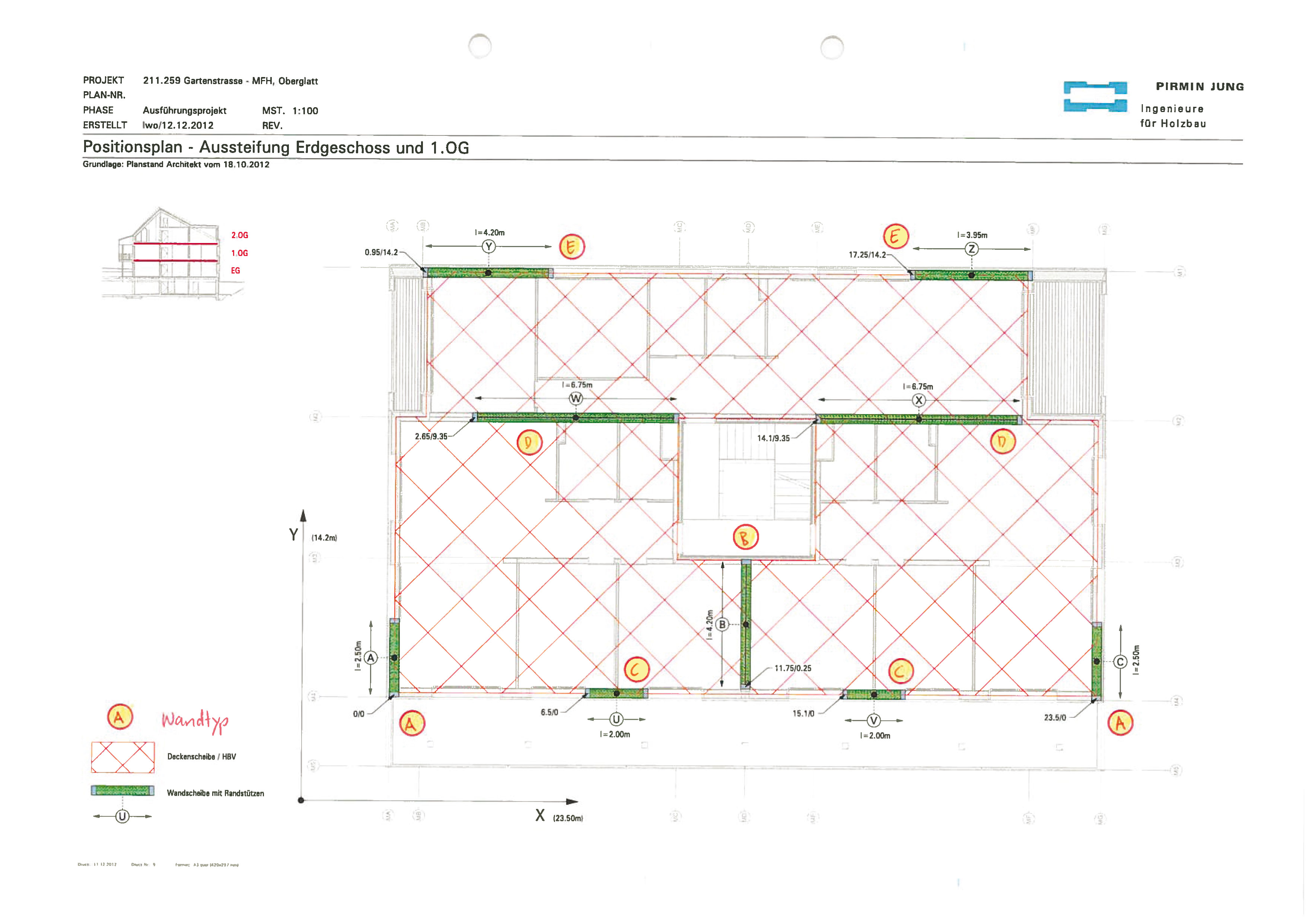 Position des parois participant à la résistance horizontale au 1er étage (Pirmin Jung Ingenieure für Holzbau AG)