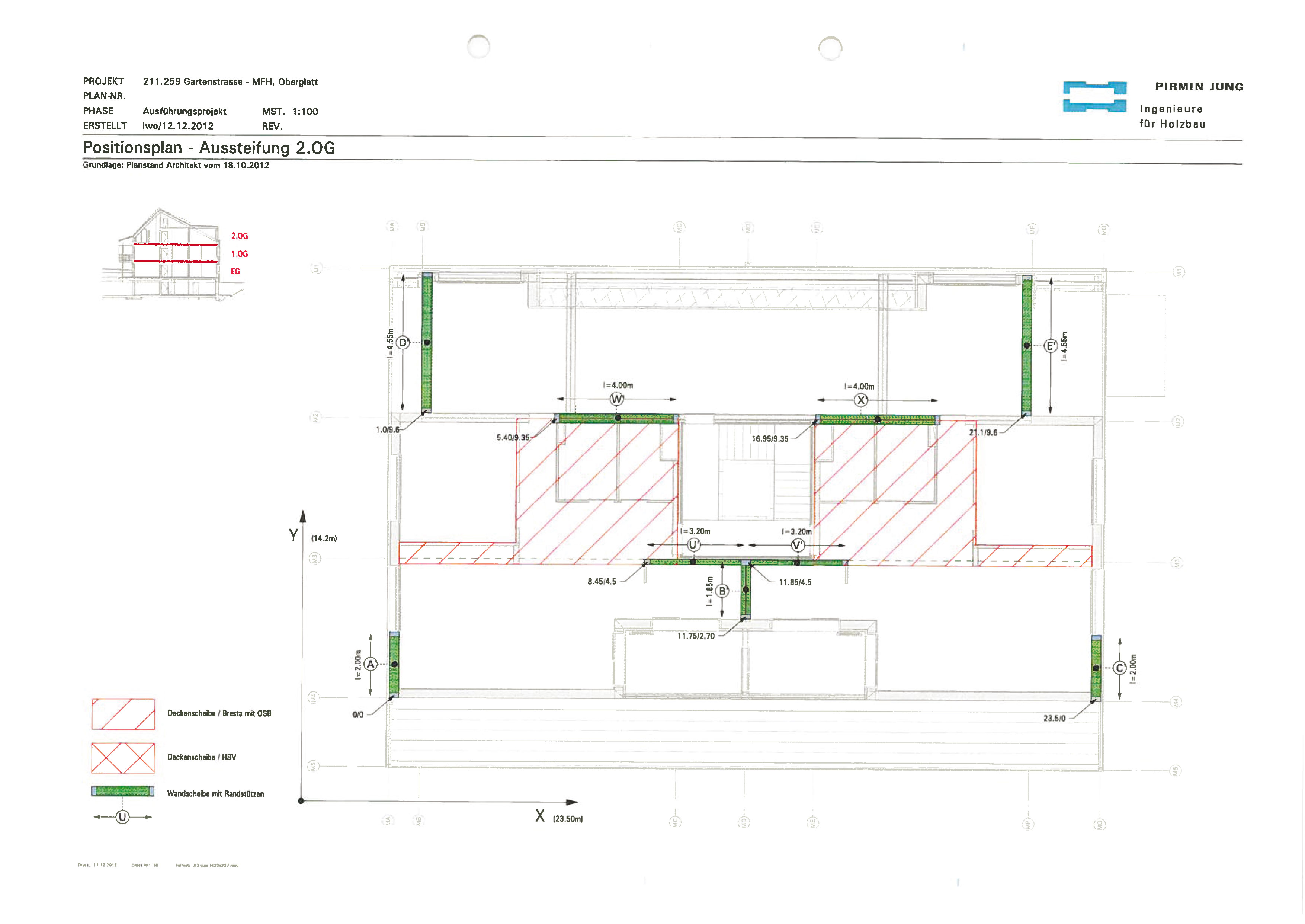 Position des parois participant à la résistance horizontale au 2e étage (Pirmin Jung Ingenieure für Holzbau AG)