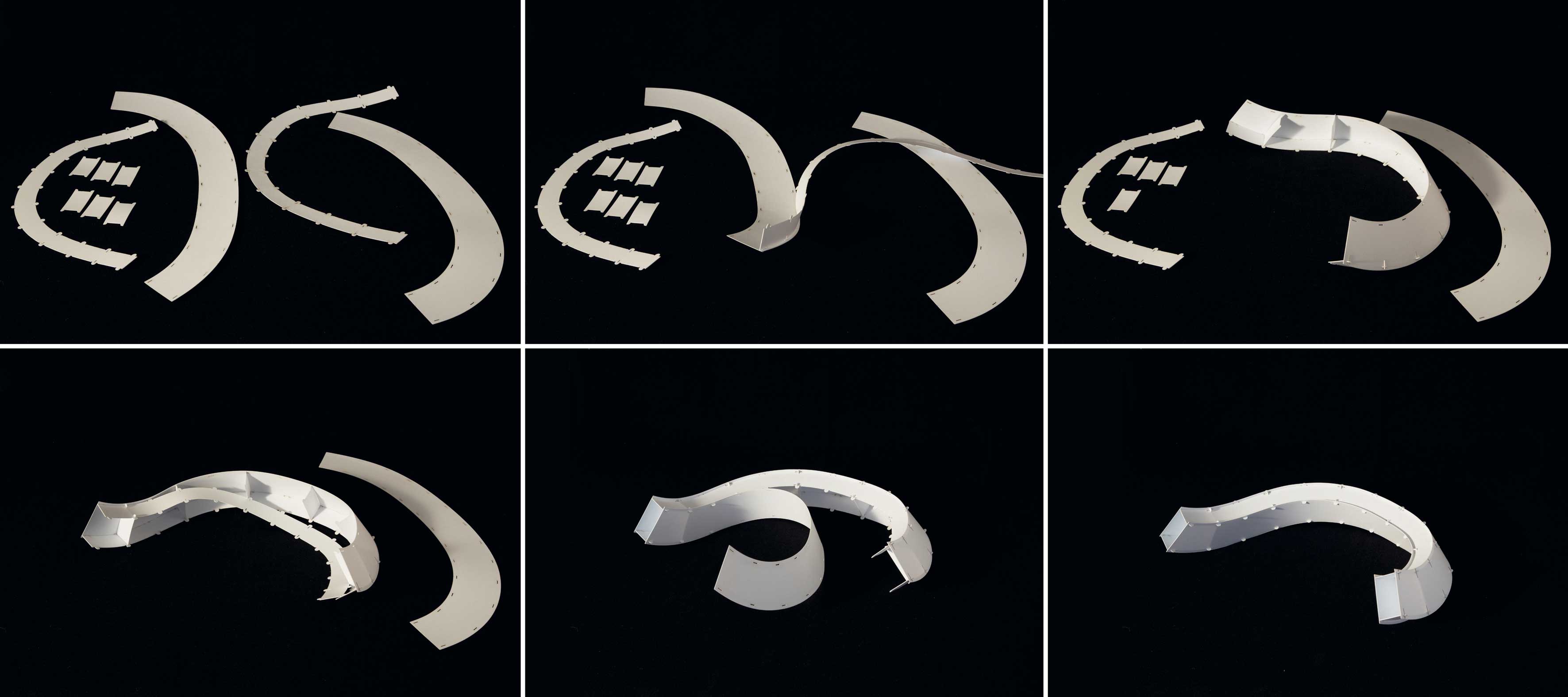 Maquette illustrant, grâce à une courbure exagérée, le processus de fabrication des montants de façade (fourni par les auteurs)