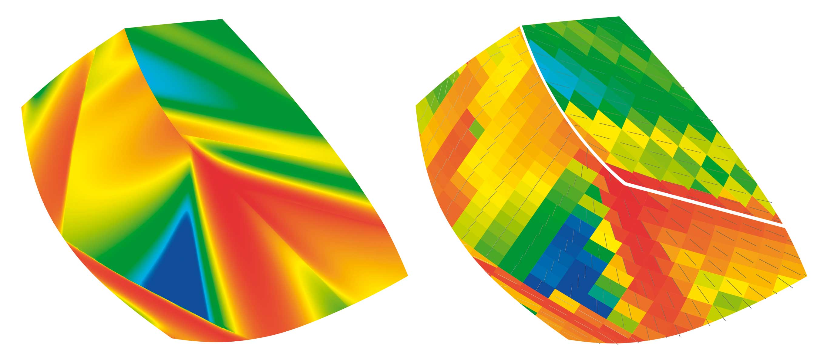 Vue d’une surface de référence colorée en fonction de sa courbure maximale (à gauche). La même surface approximée par une série de cylindres (axes en gris)optimisés pour se rapprocher au mieux de celle-ci (à droite) (fourni par les auteurs)