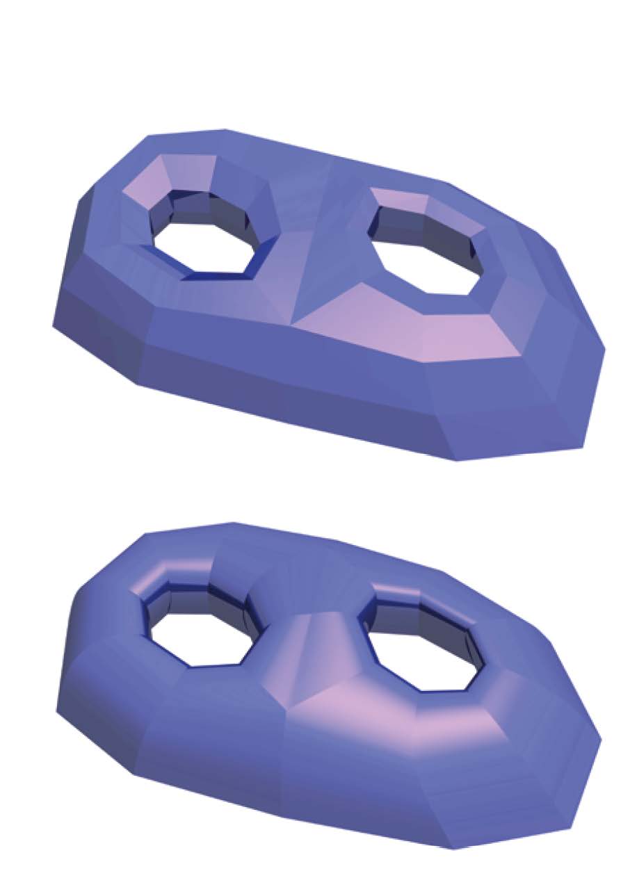 Surface libre discrétisée par des quadrangles plans (en haut). La même surface discrétisée par des bandes développables (en bas)