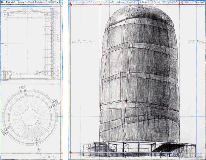Christo,"Big Air Package" (Project for Gasometer, Oberhausen), Collage 2013 in two parts (77.5 x 30.5 cm and 77.5 x 66.7 cm) - pencil, charcoal, pastel, wax crayon, fabric, twine and architectural plans