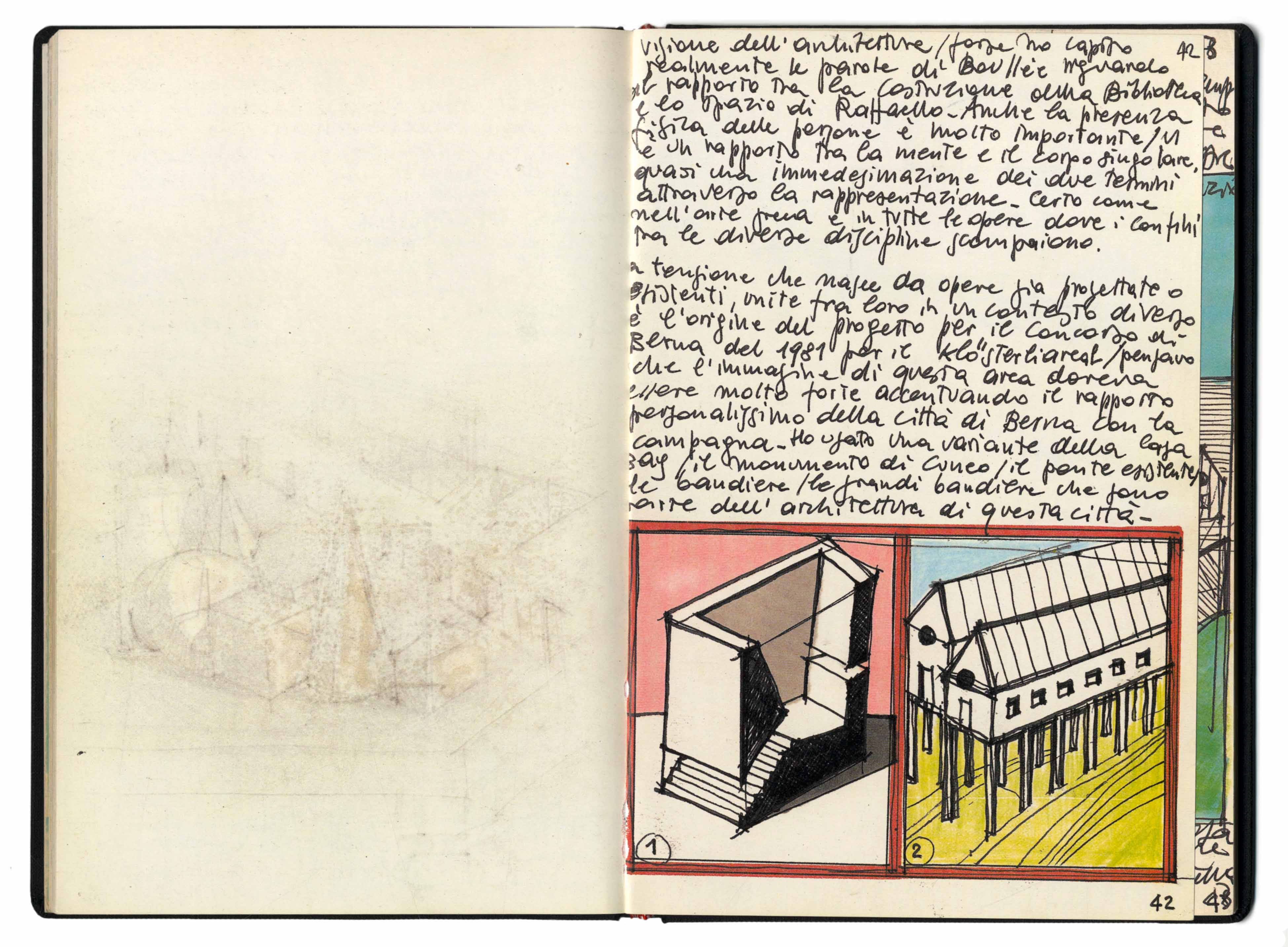 Aldo Rossi, Il libro azzurro, 1981, Rückseite Blatt 41 und Blatt 42, Skizze zum Denkmal in Cuneo und zur Villa in Borgo Ticino mit Text zum Klösterliareal Bern